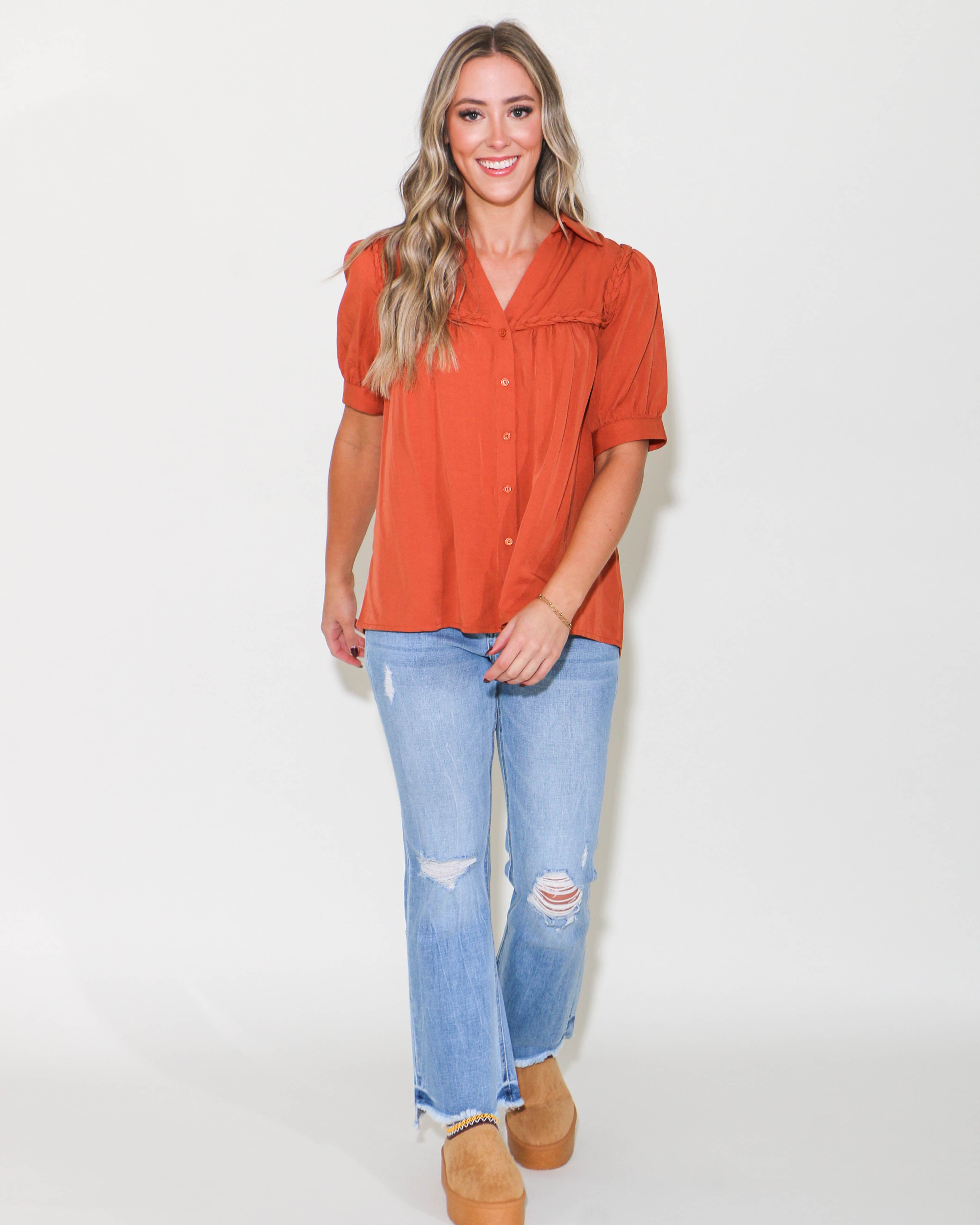 Button Down Braided Trim Top in Camel