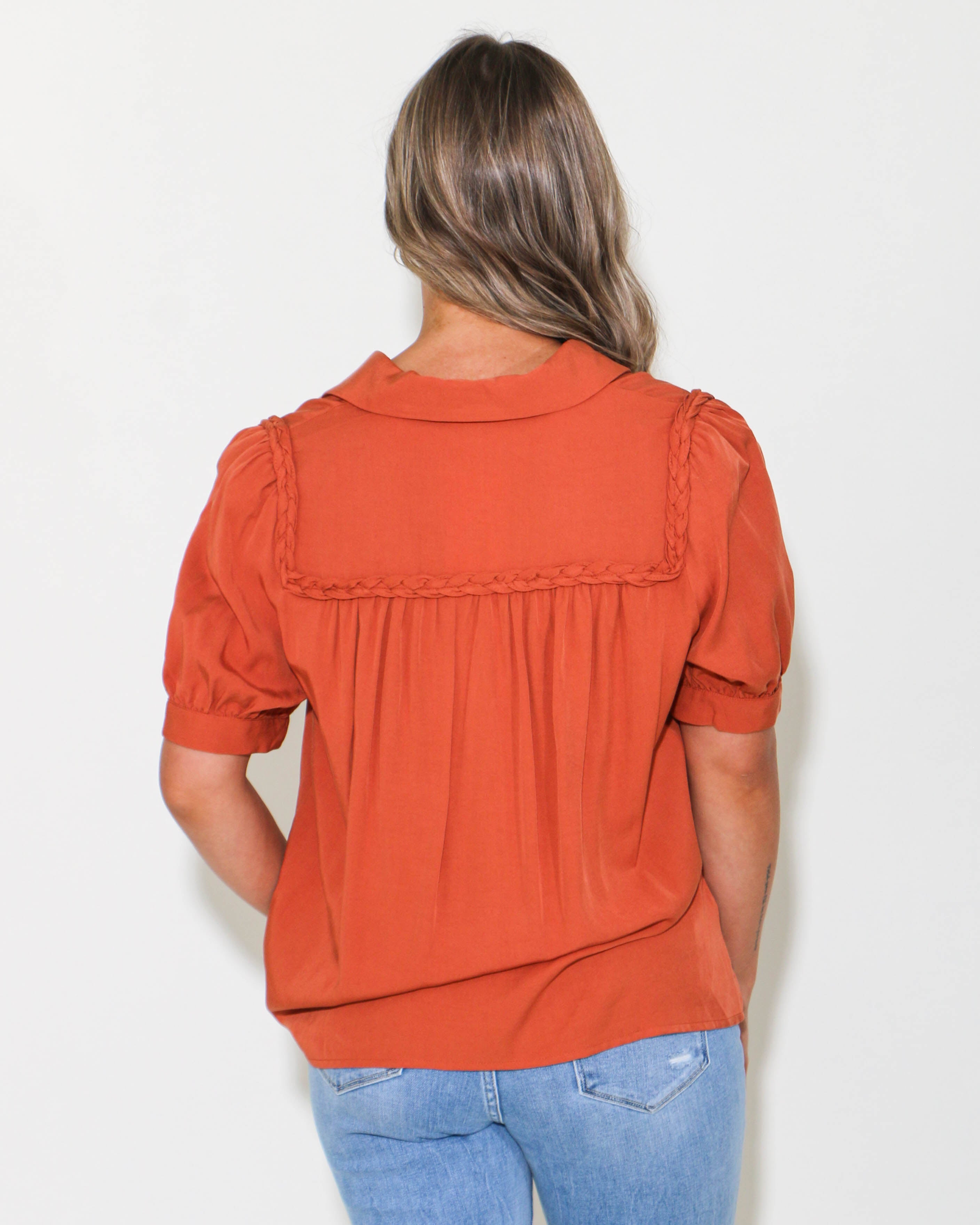 Button Down Braided Trim Top in Camel