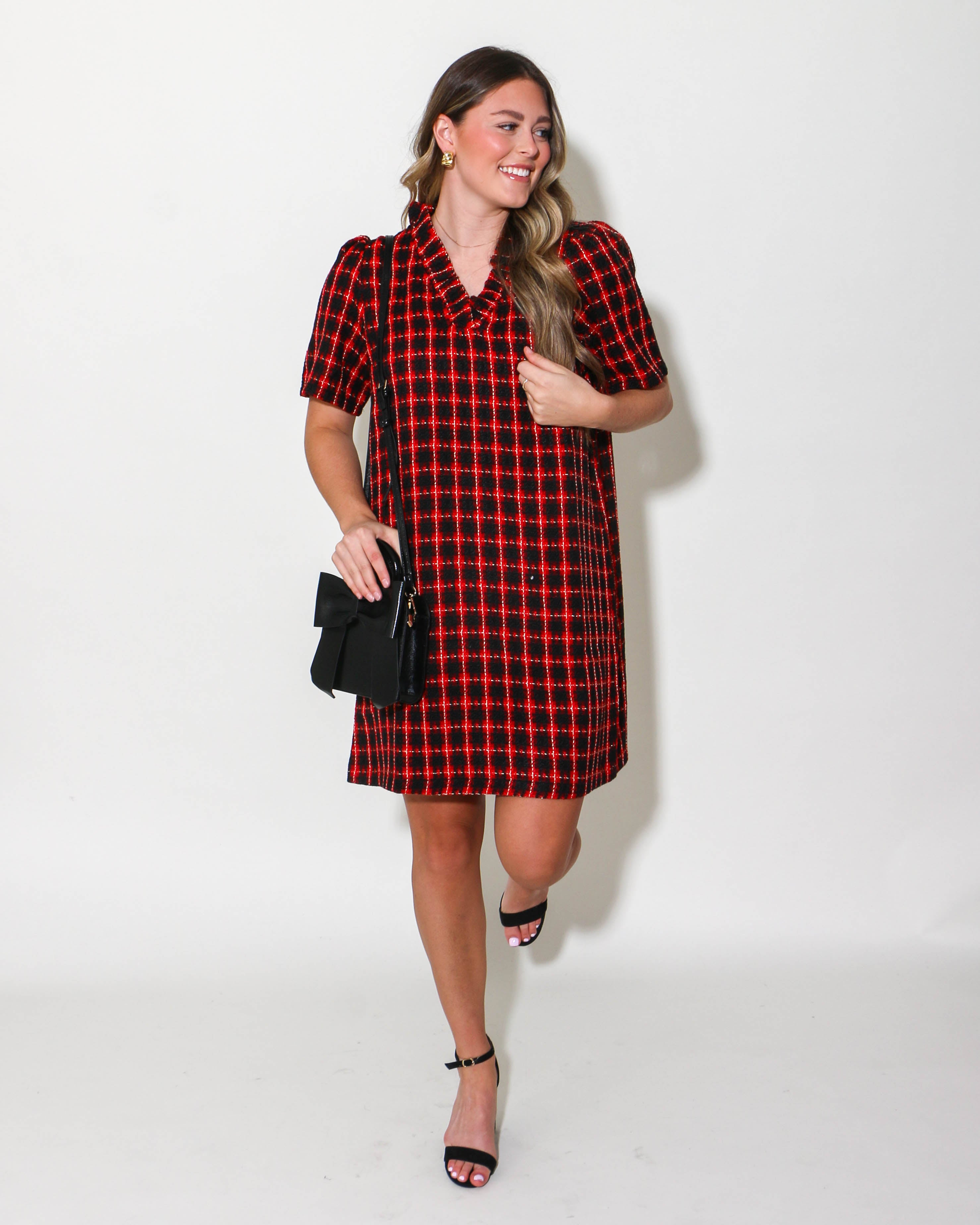 Plaid Tweed Ruffle Neckline Dress