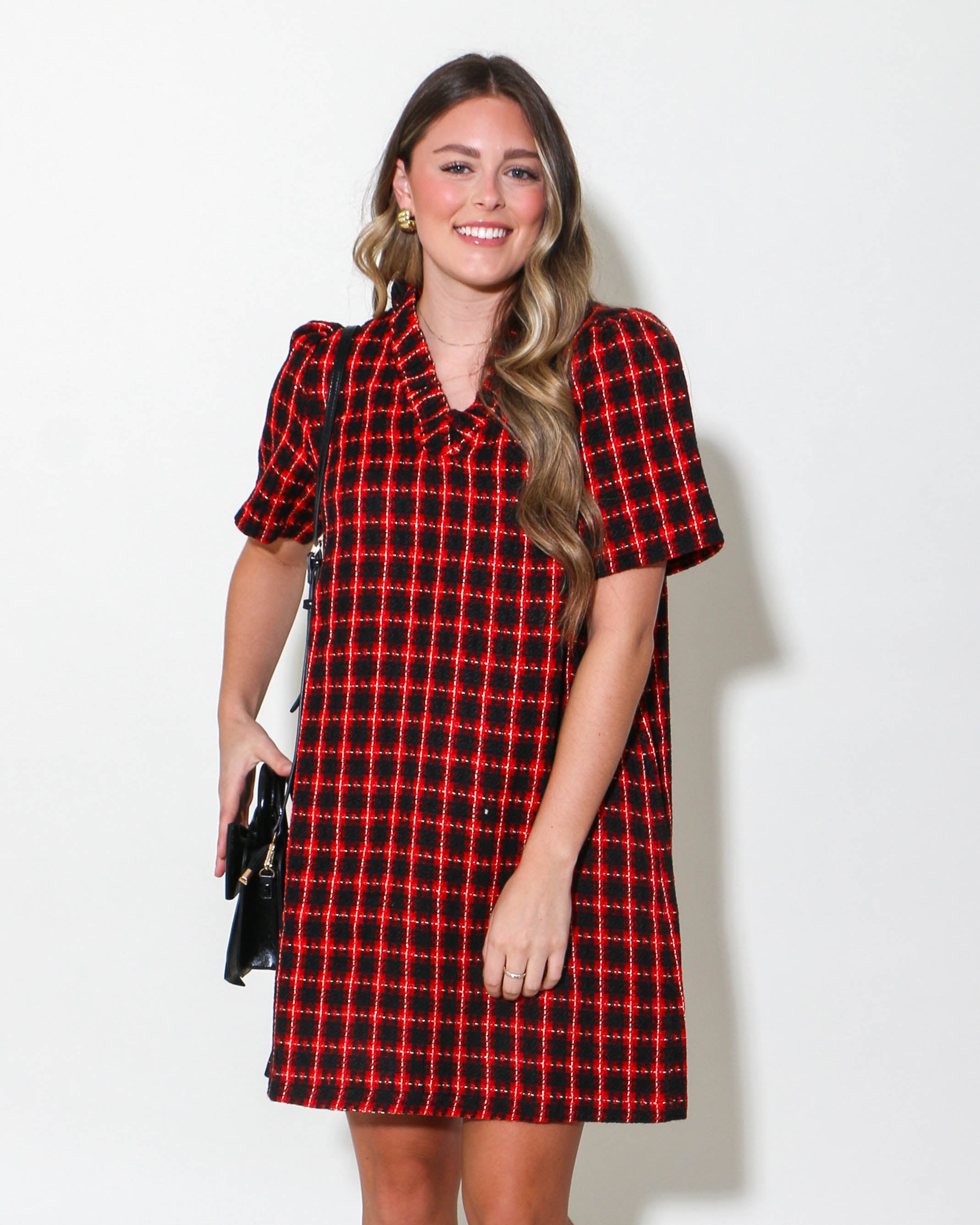 Plaid Tweed Ruffle Neckline Dress