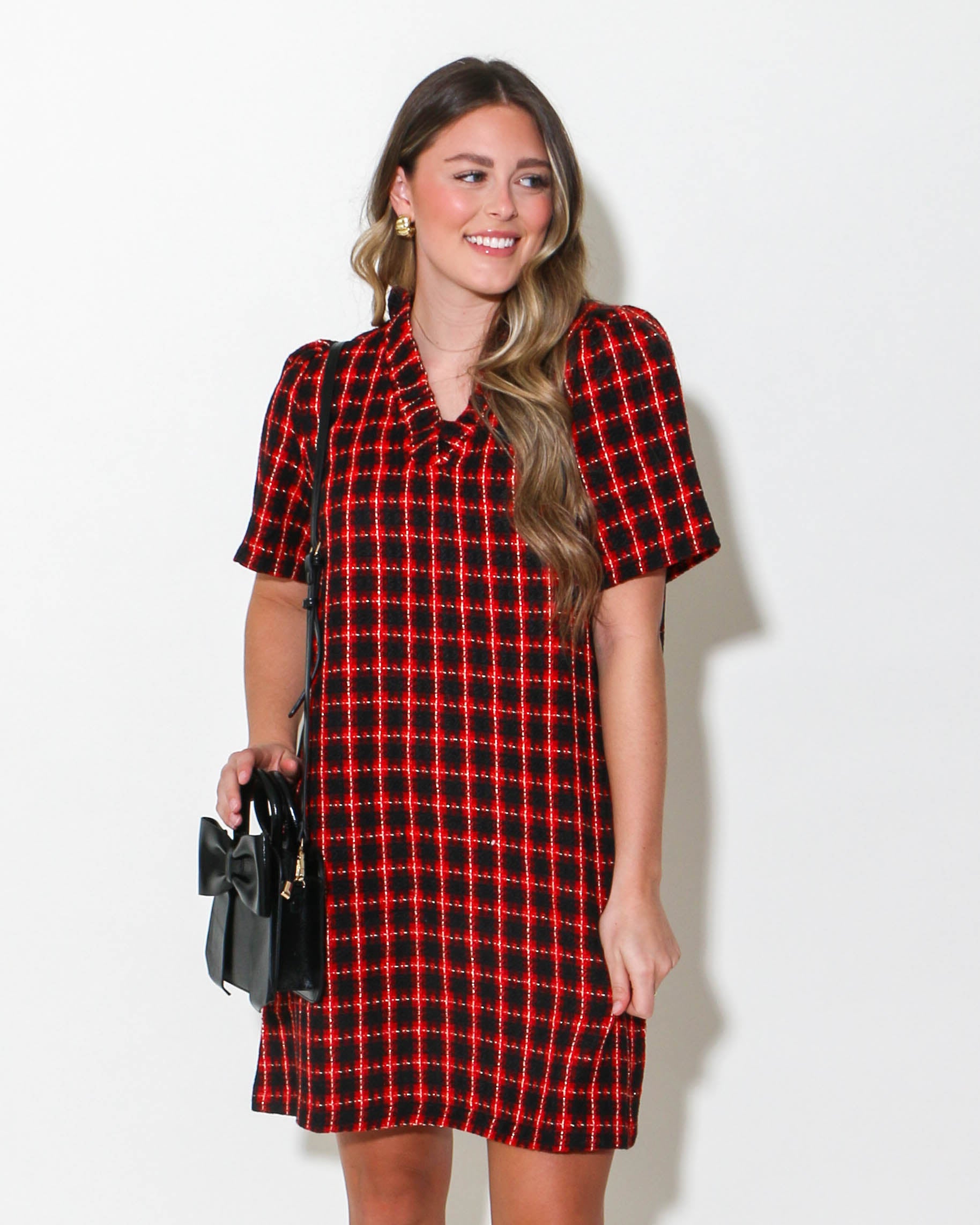 Plaid Tweed Ruffle Neckline Dress