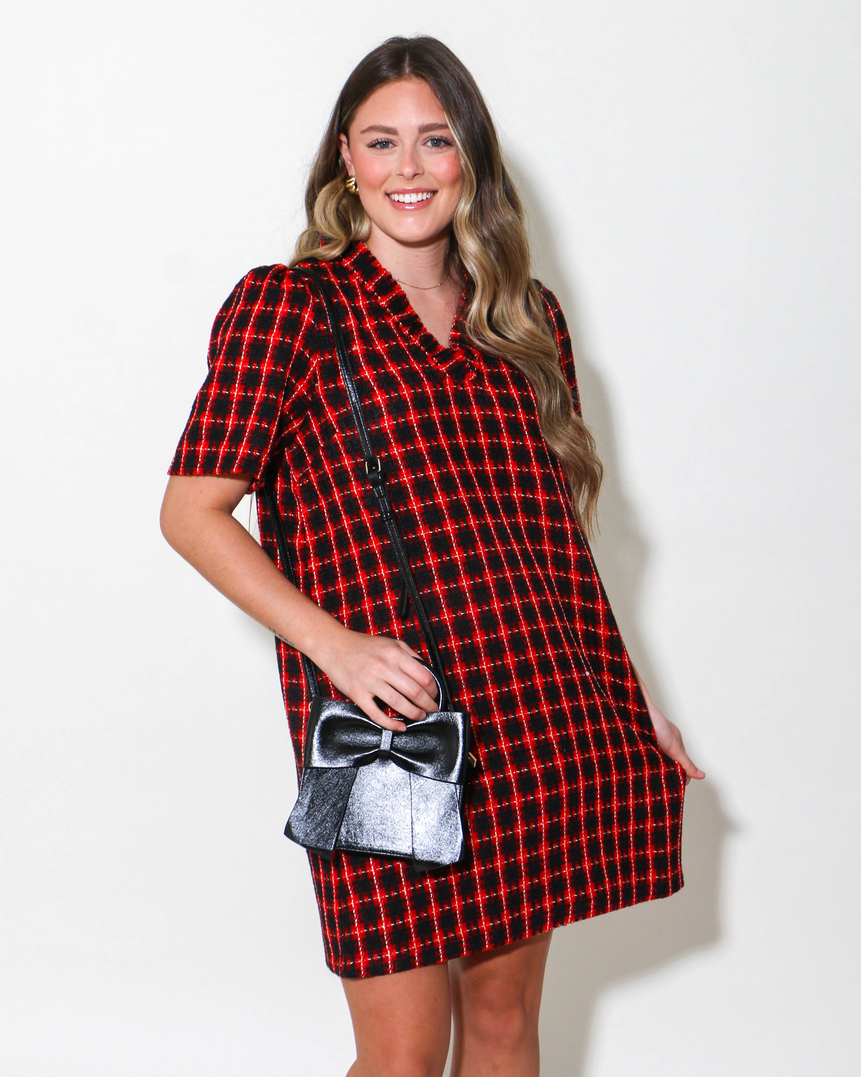 Plaid Tweed Ruffle Neckline Dress