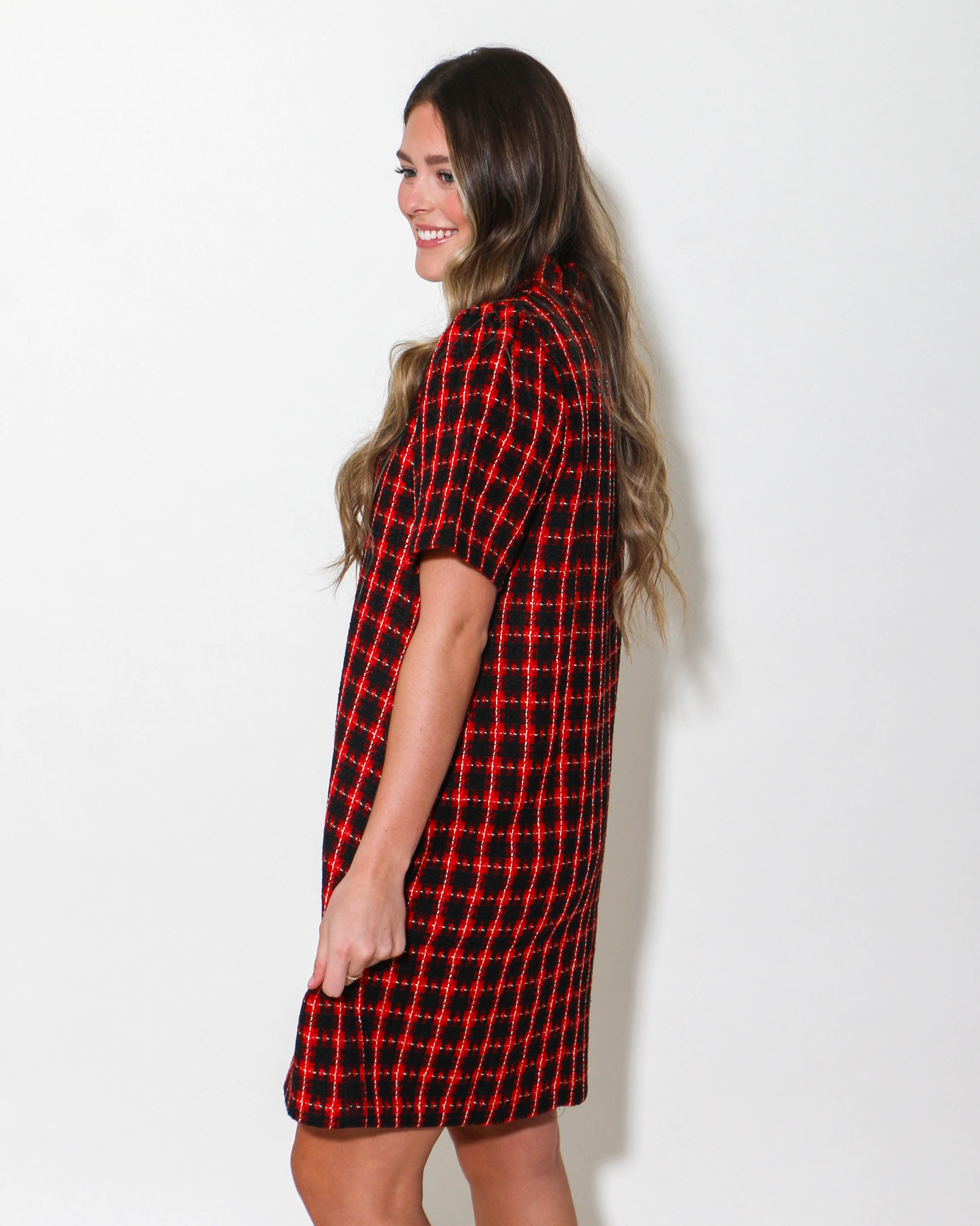 Plaid Tweed Ruffle Neckline Dress