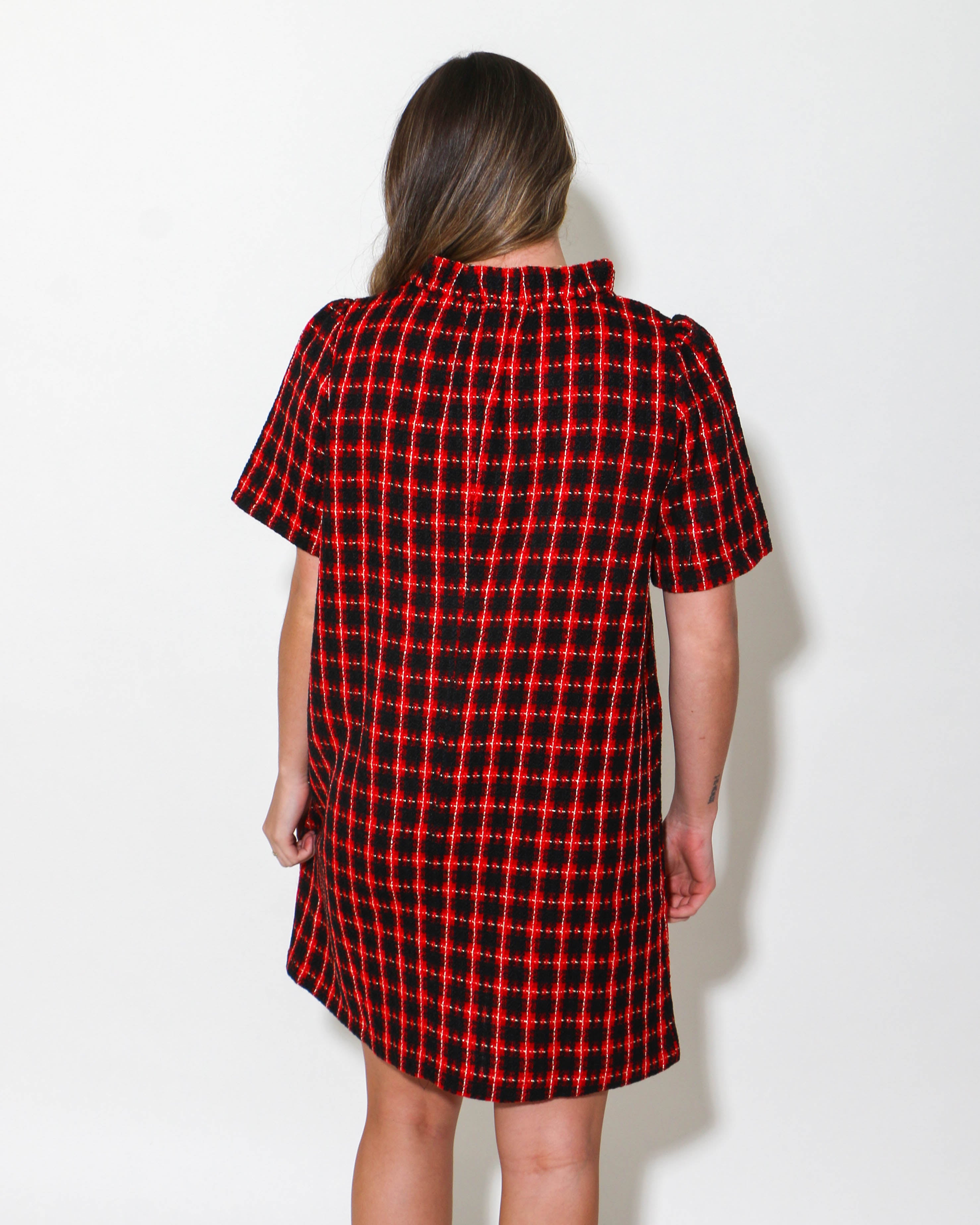 Plaid Tweed Ruffle Neckline Dress