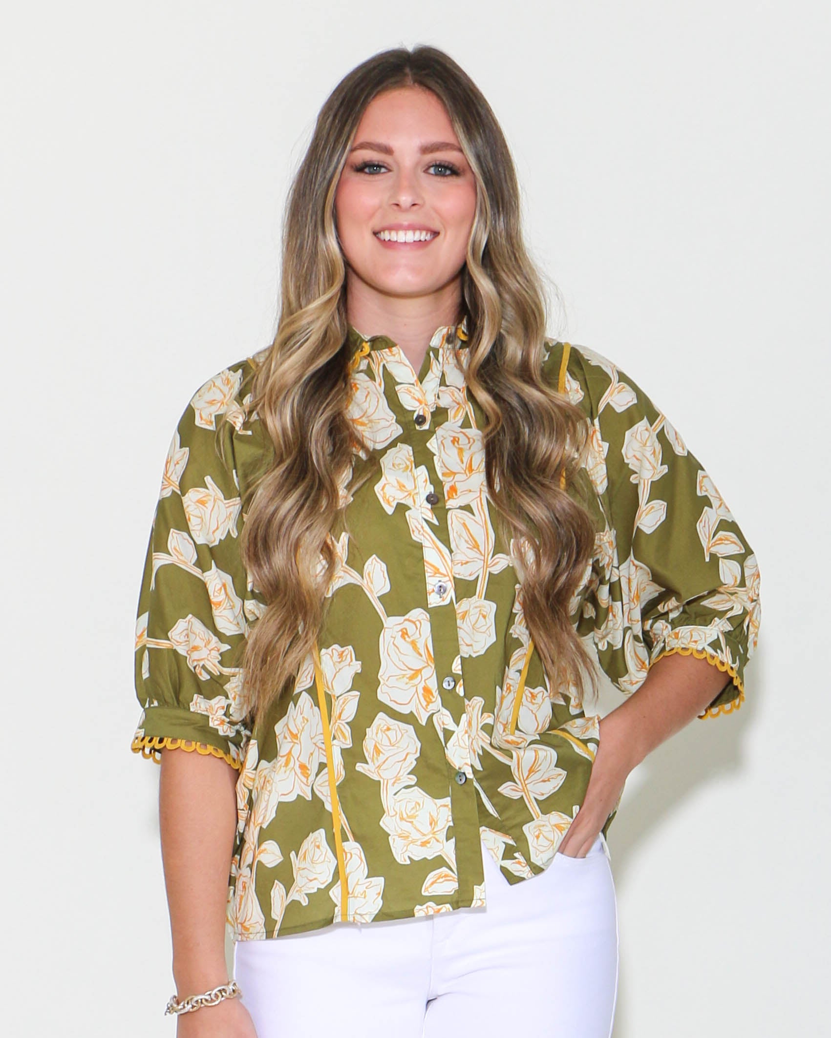 Olive Floral Print with Mustard Details Top