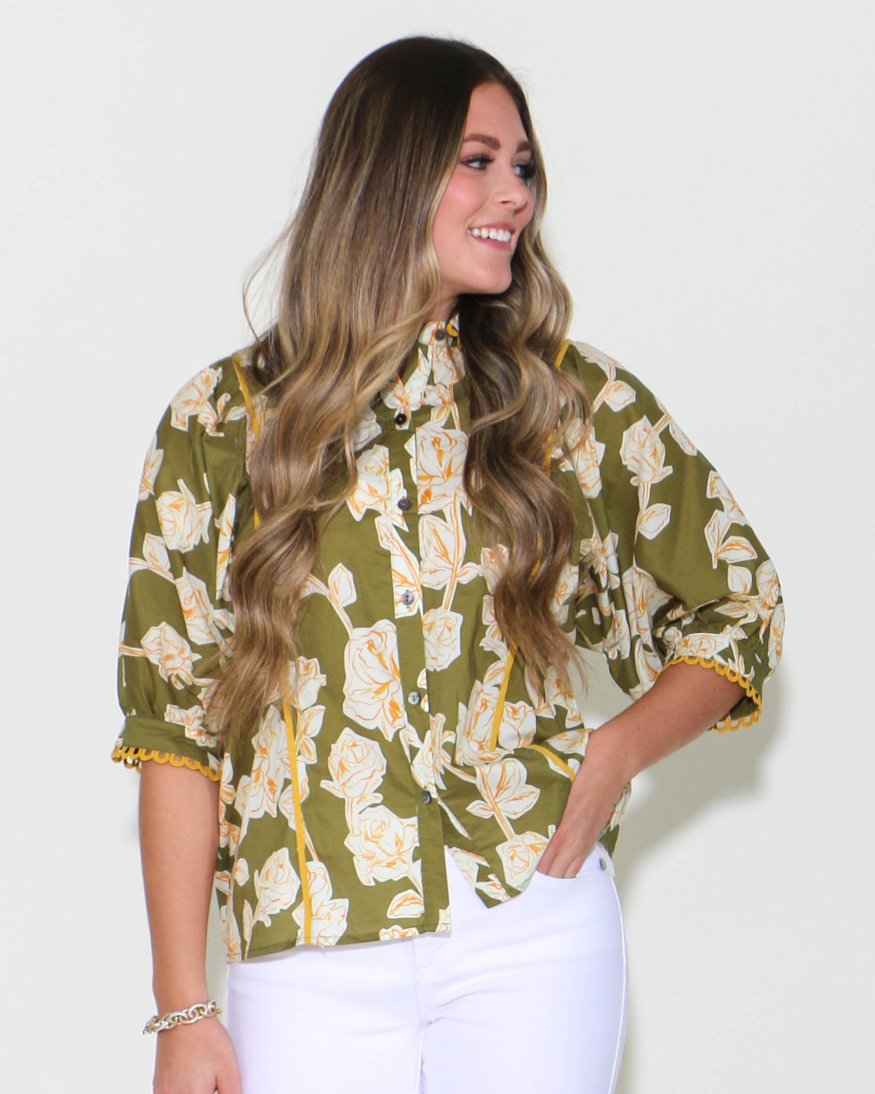 Olive Floral Print with Mustard Details Top