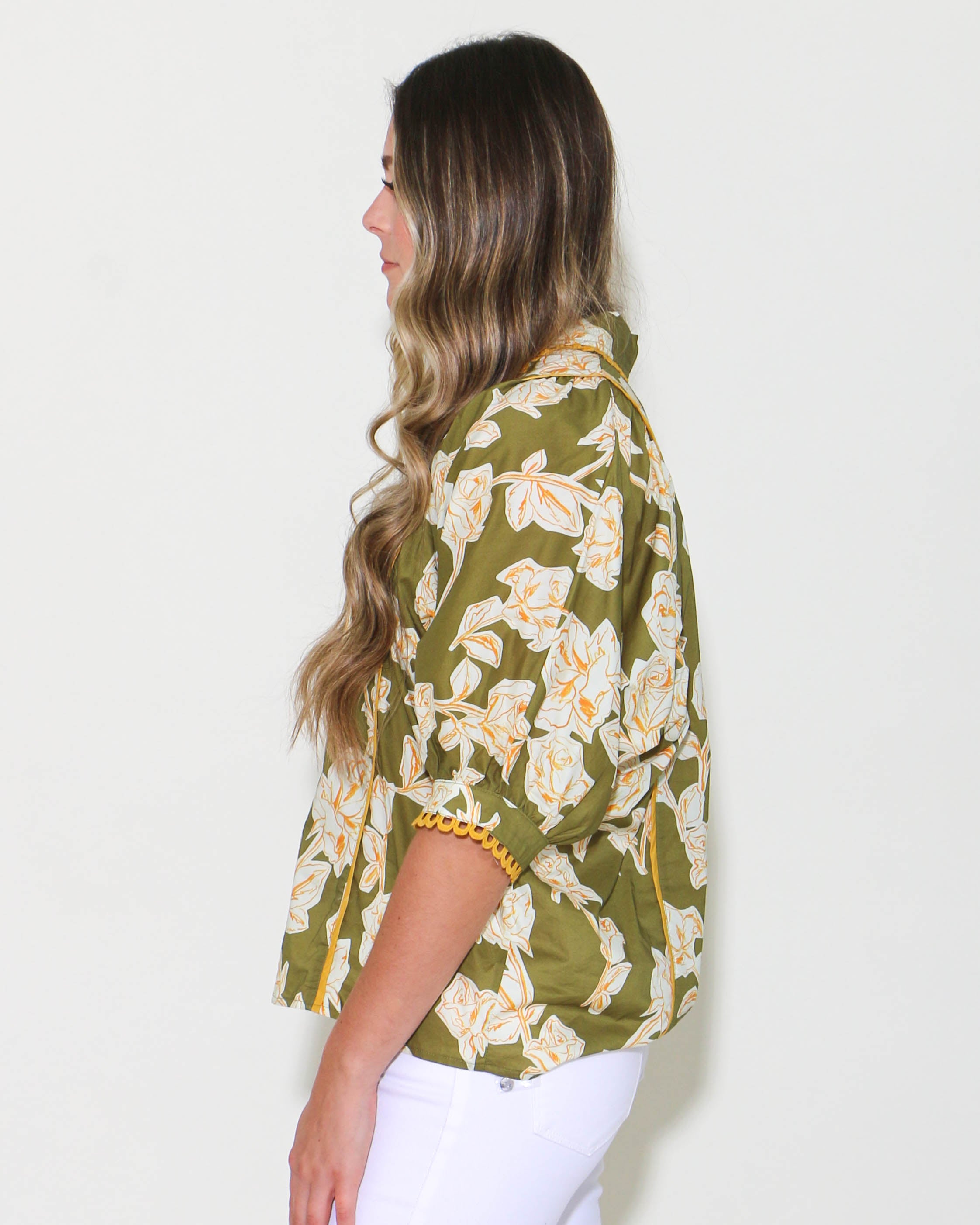 Olive Floral Print with Mustard Details Top