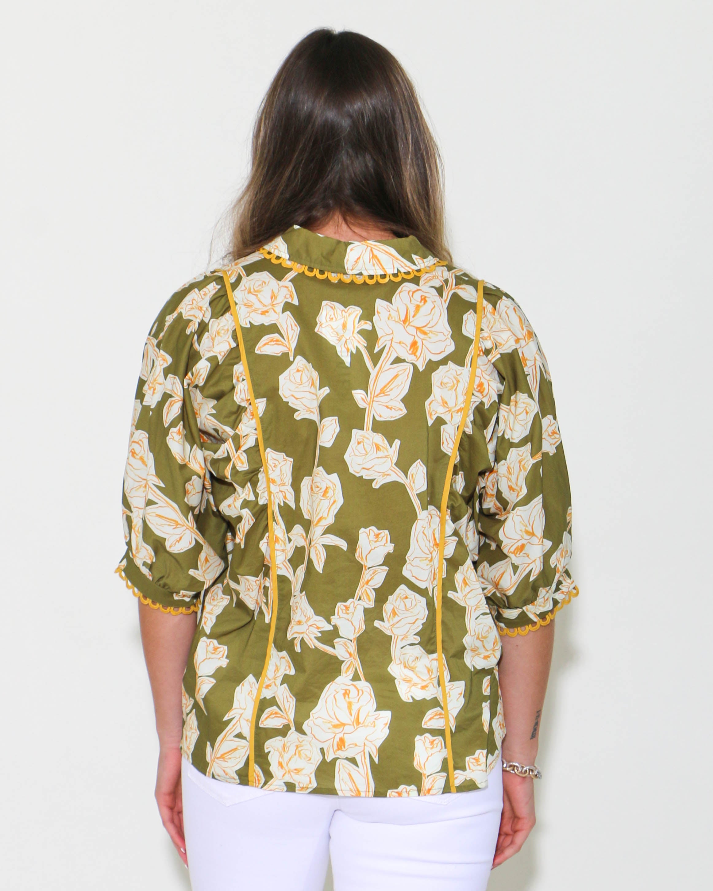 Olive Floral Print with Mustard Details Top