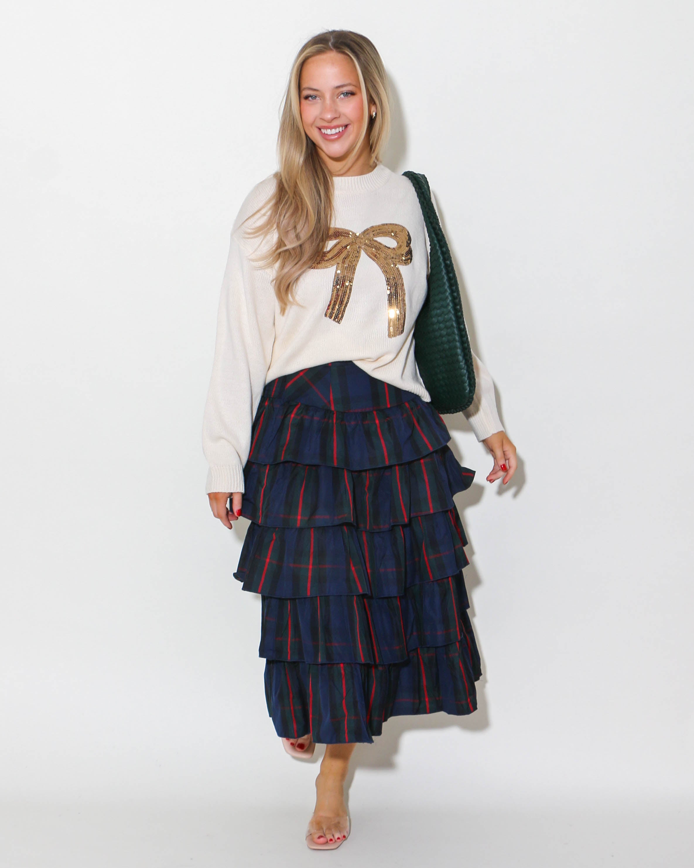 Navy and Green Multi Check Tiered Skirt