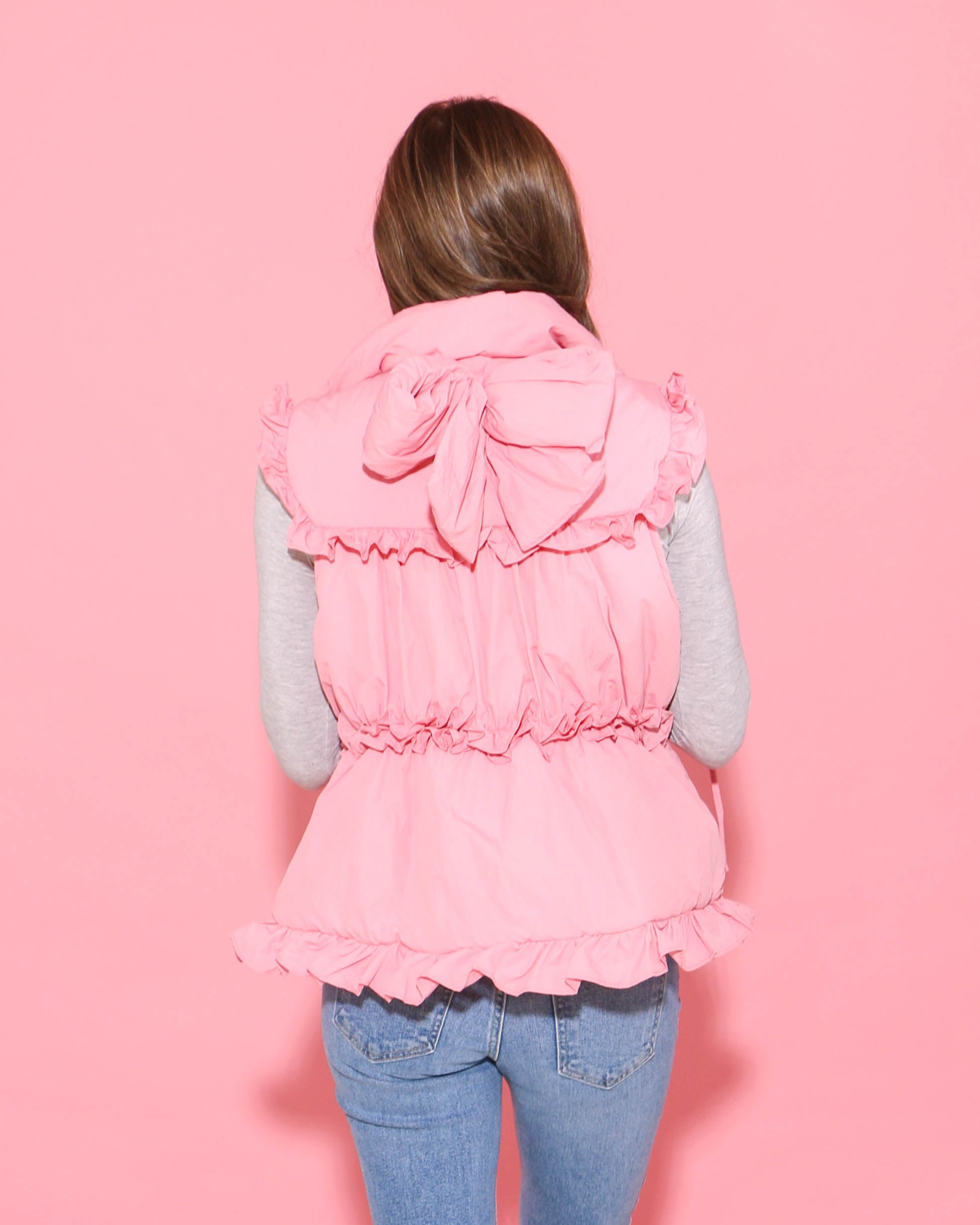 Ruffled Detail Back Bow Padded Down Vest