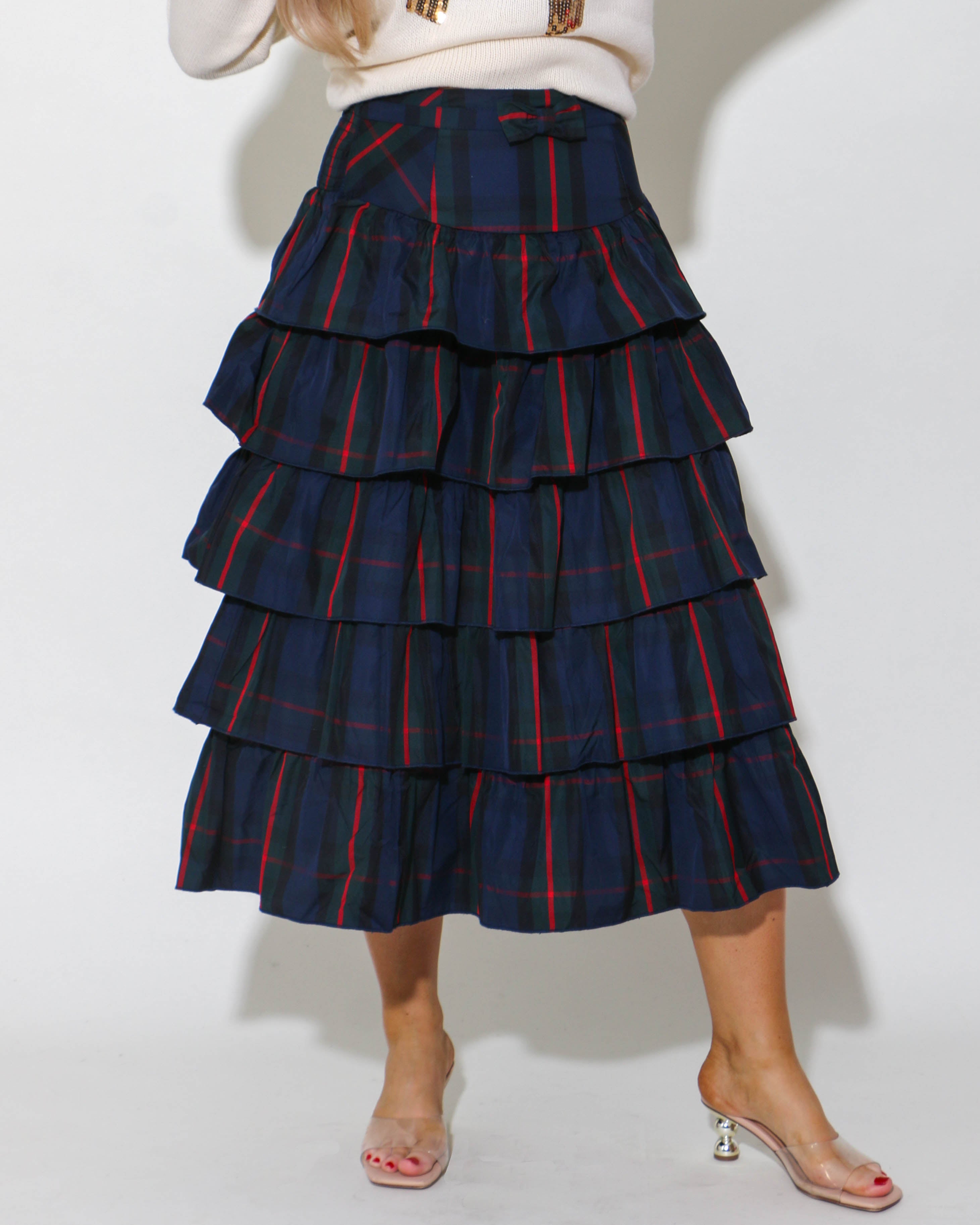 Navy and Green Multi Check Tiered Skirt