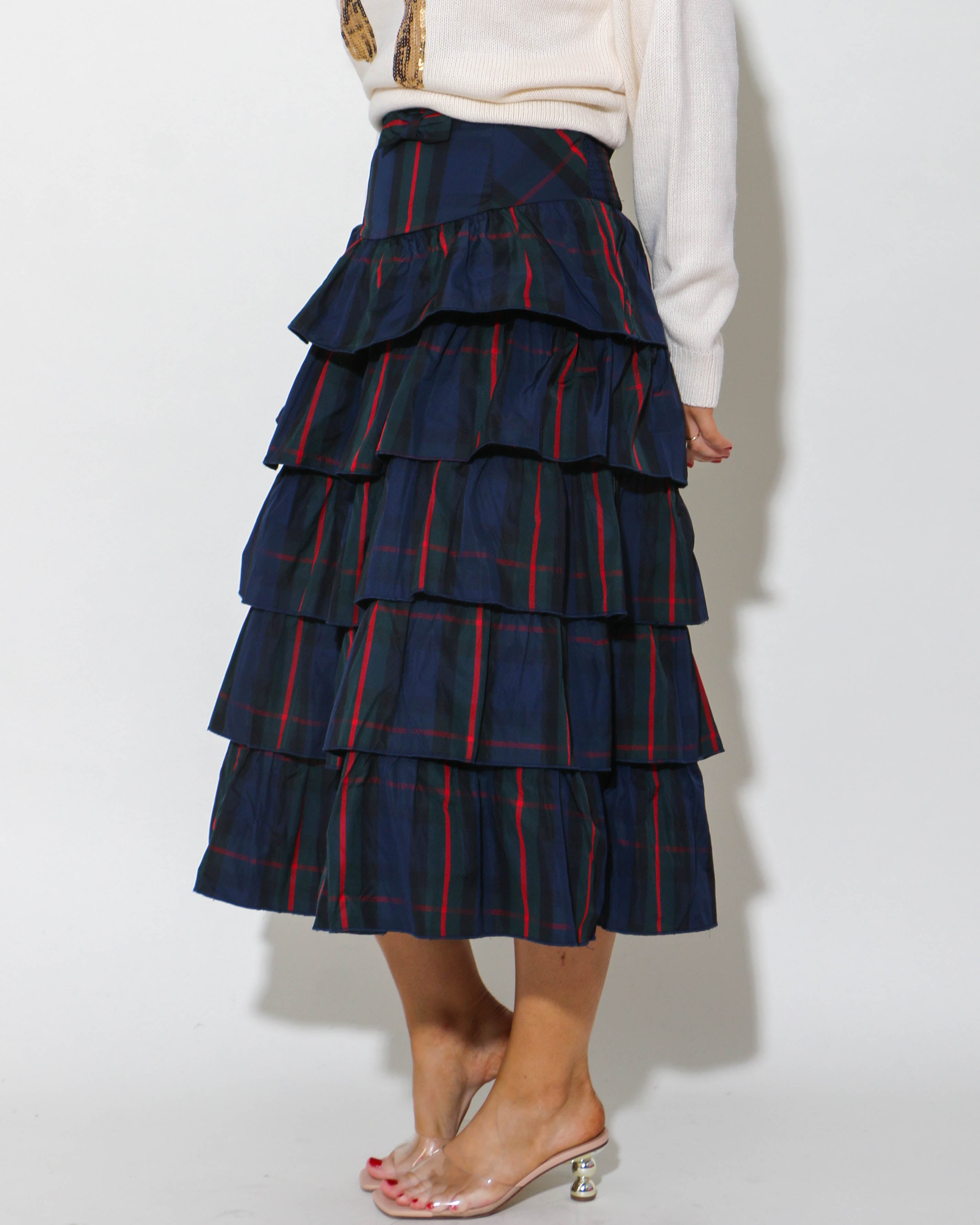 Navy and Green Multi Check Tiered Skirt