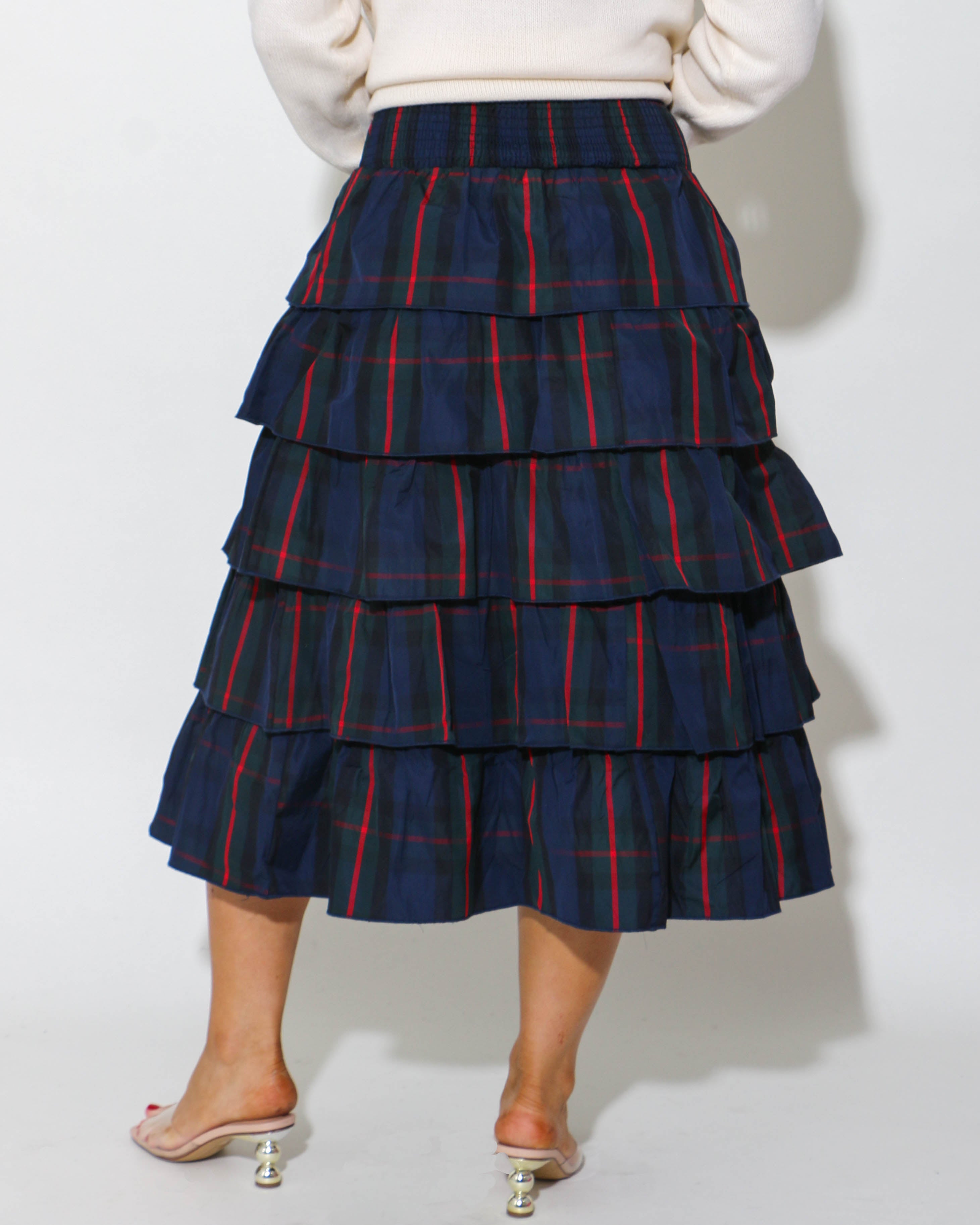 Navy and Green Multi Check Tiered Skirt