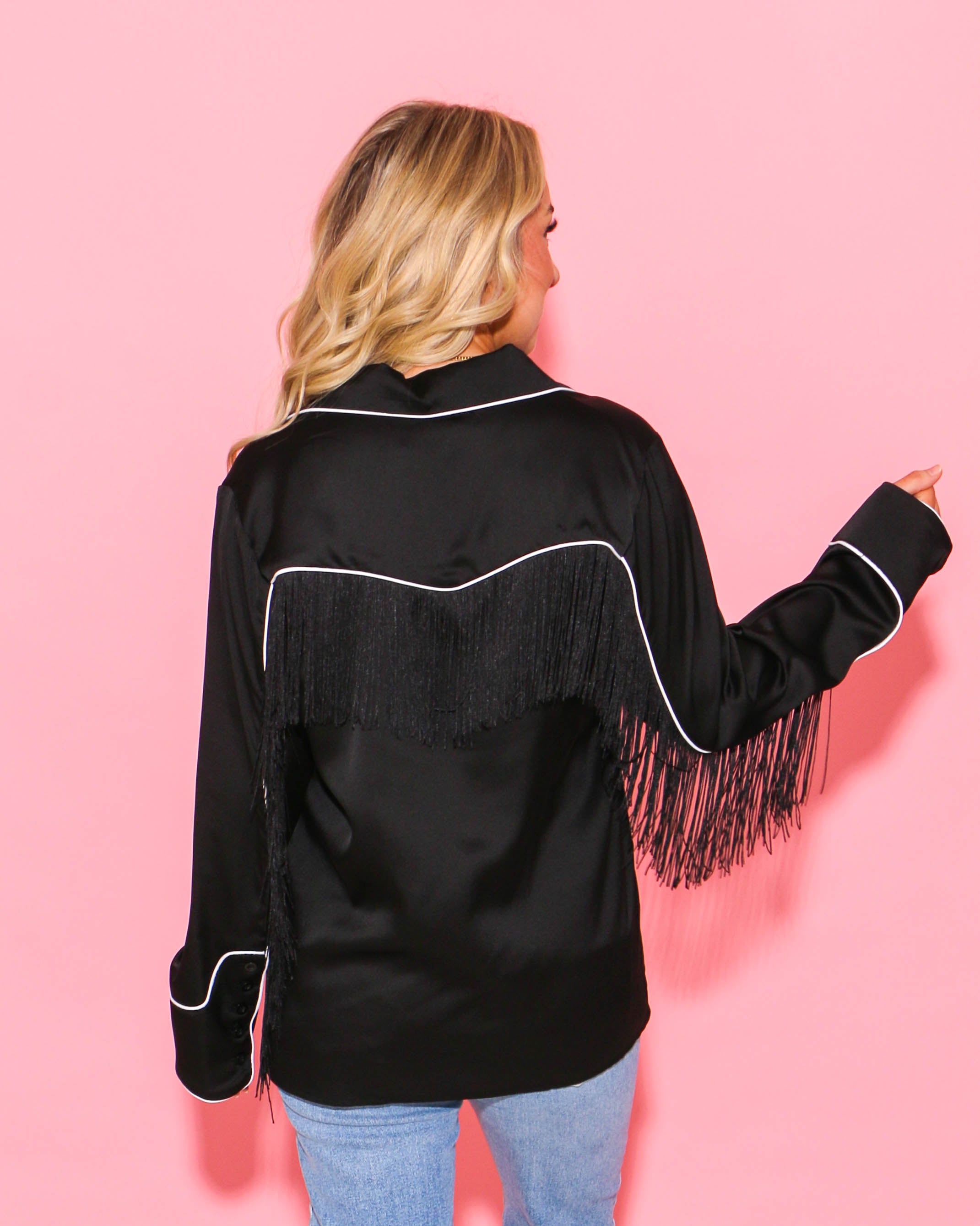 Satin Contrast Western Fringe Back Shirt Blouse