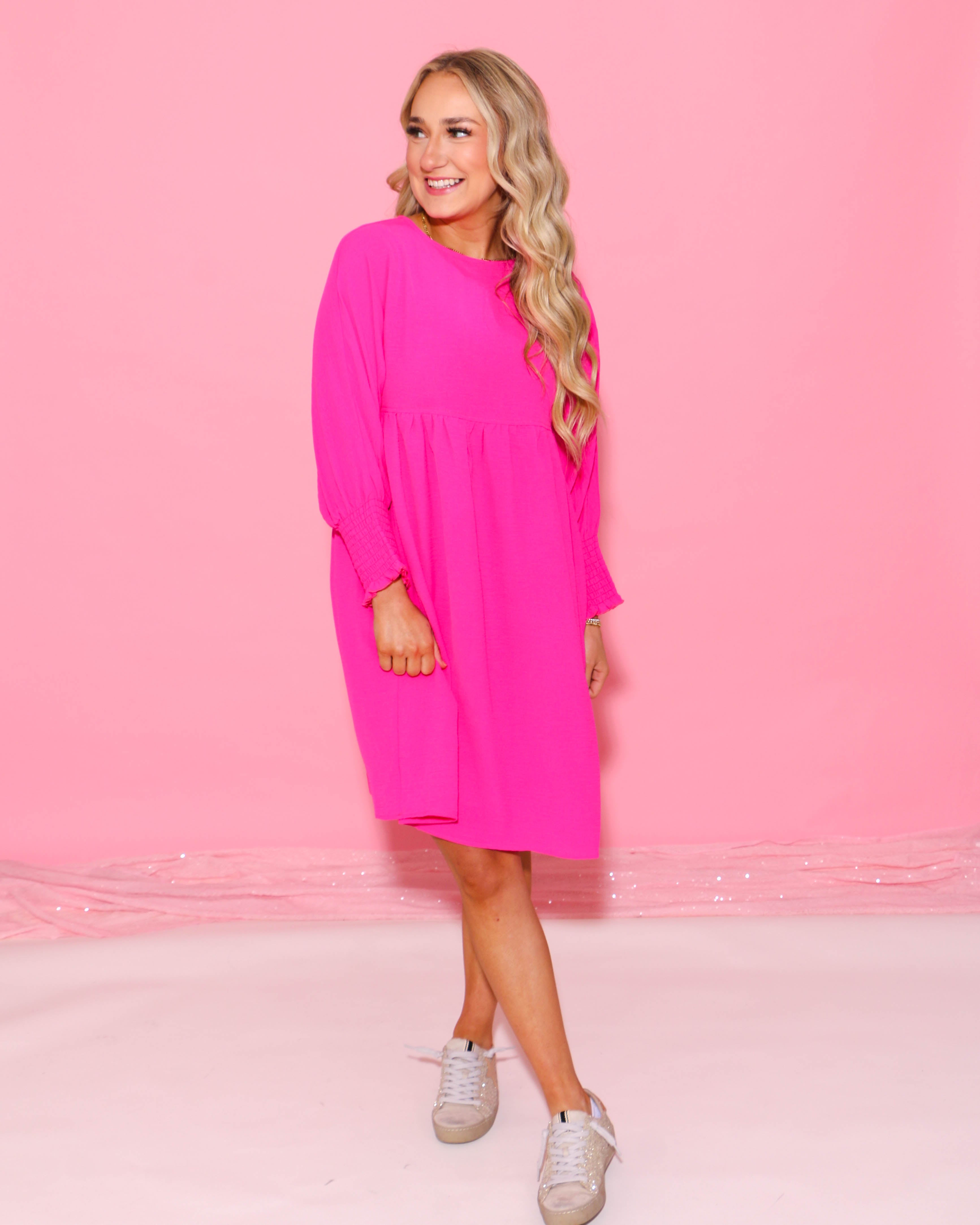 Hot Pink Shirred Sleeve Dress