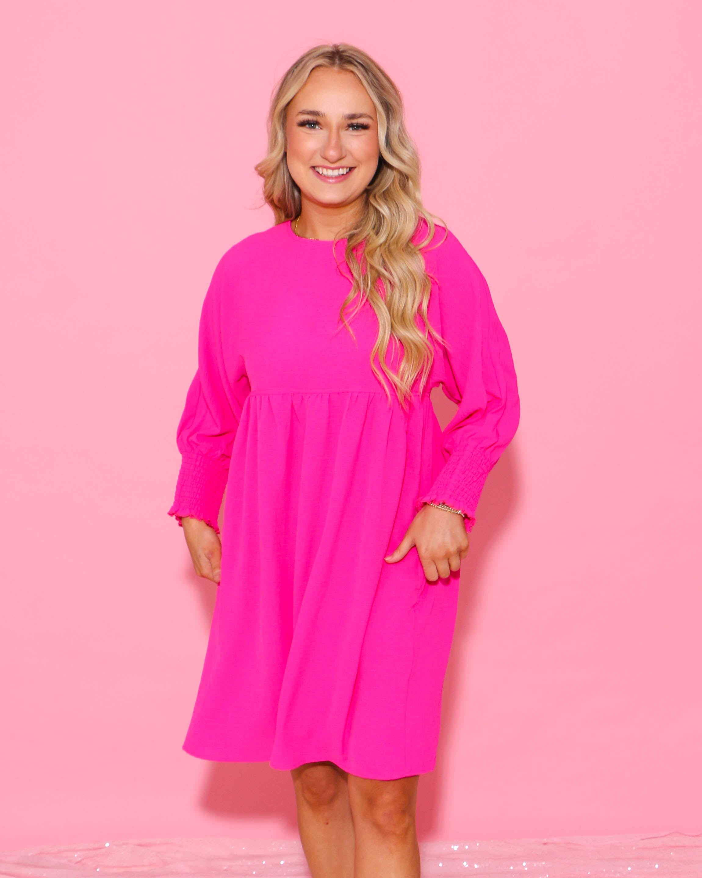 Hot Pink Shirred Sleeve Dress