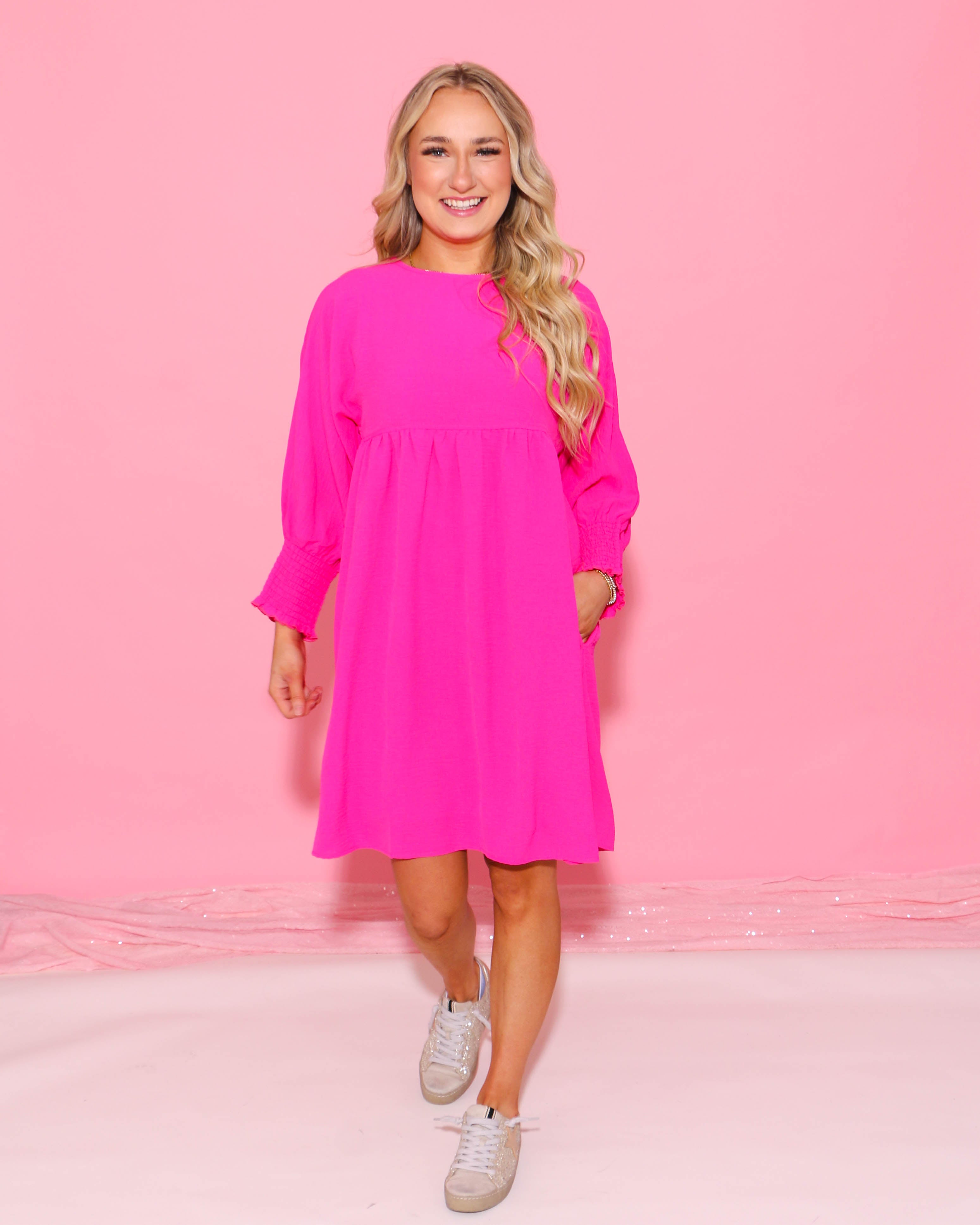 Hot Pink Shirred Sleeve Dress