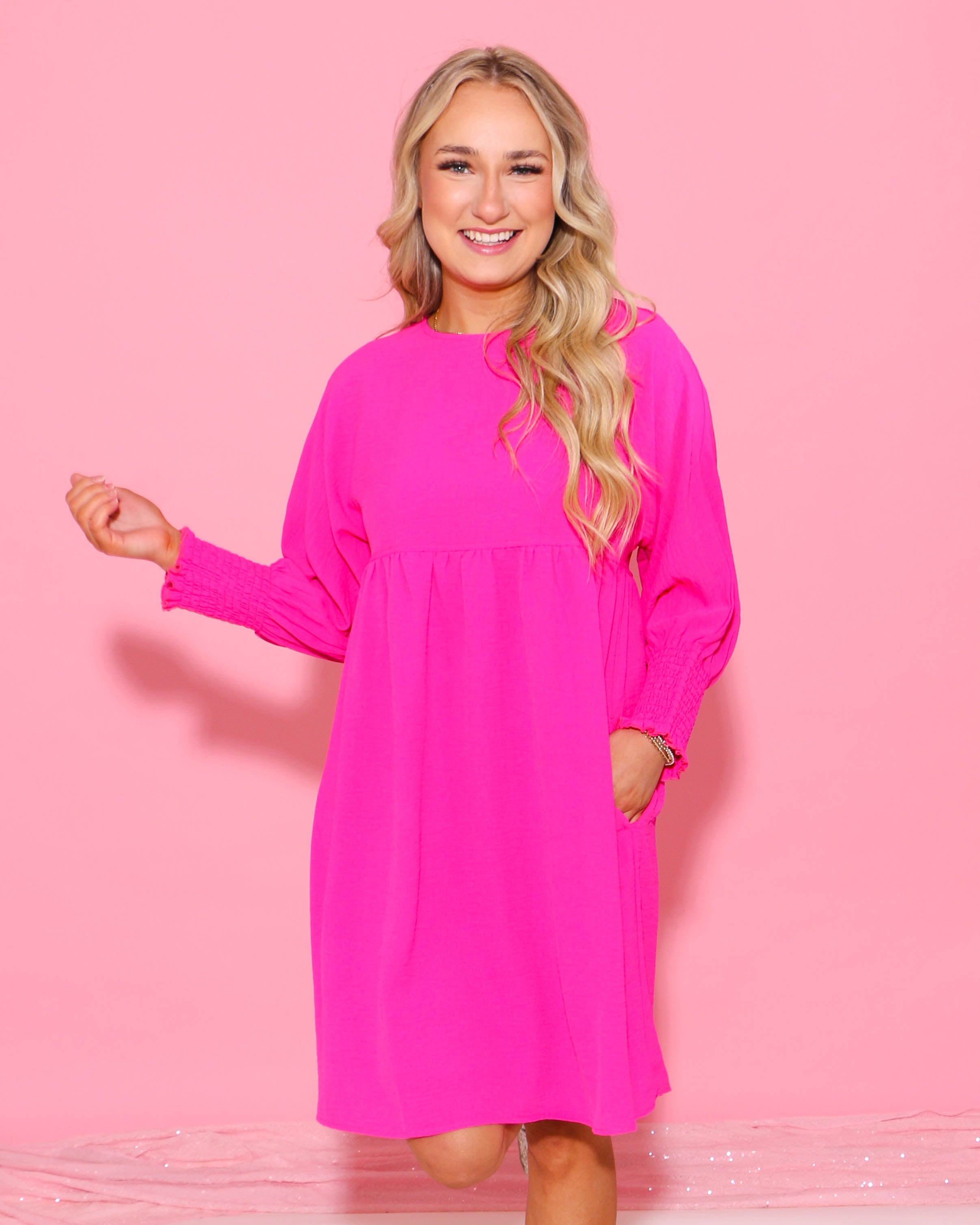 Hot Pink Shirred Sleeve Dress