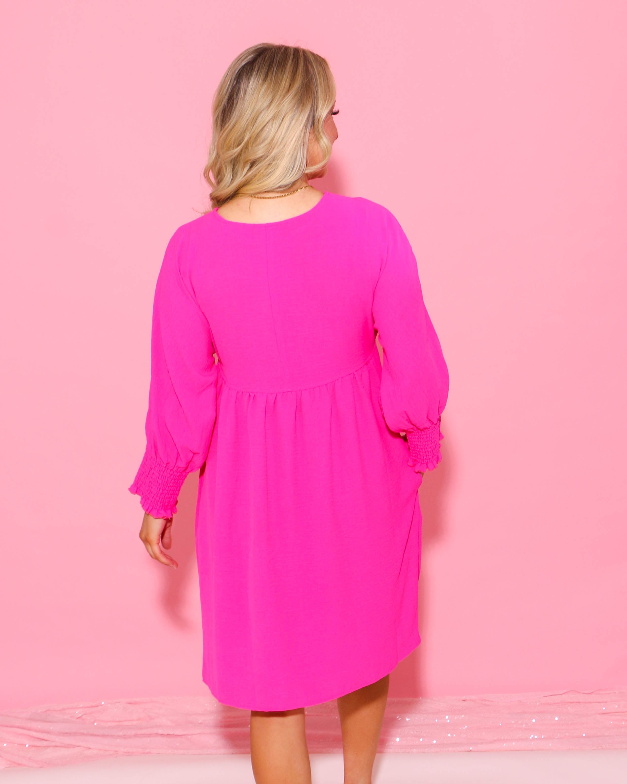 Hot Pink Shirred Sleeve Dress