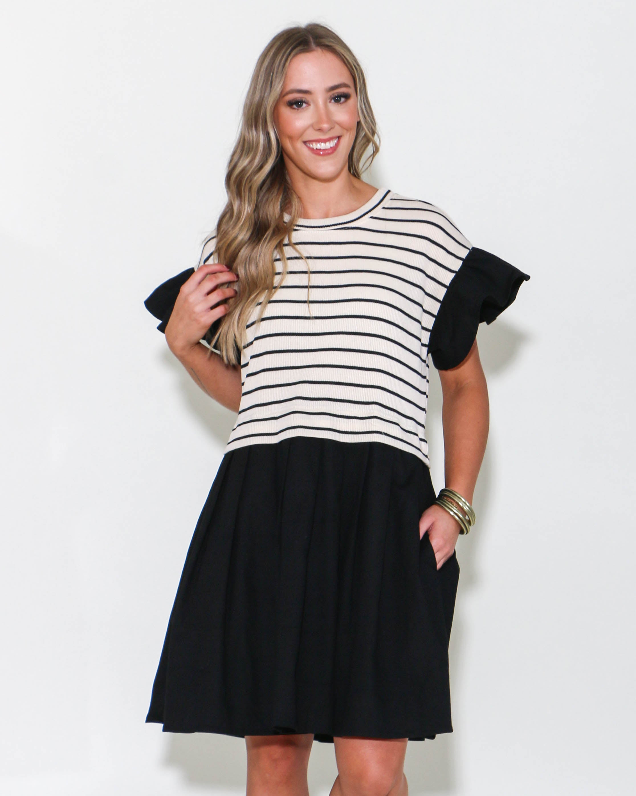 Stripe Short Ruffle Sleeve Mini Dress