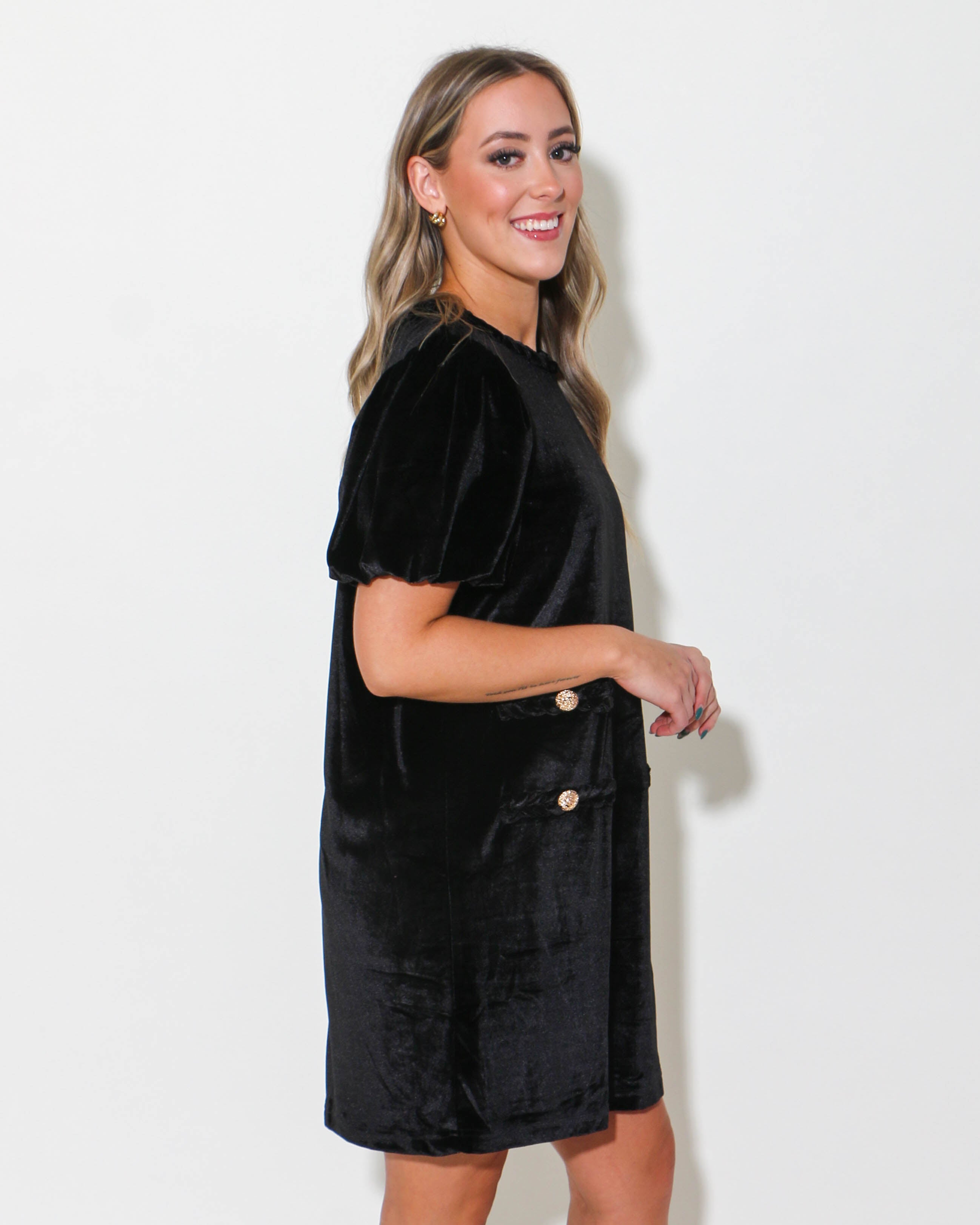 Black Puff Sleeve Velvet Mini Dress