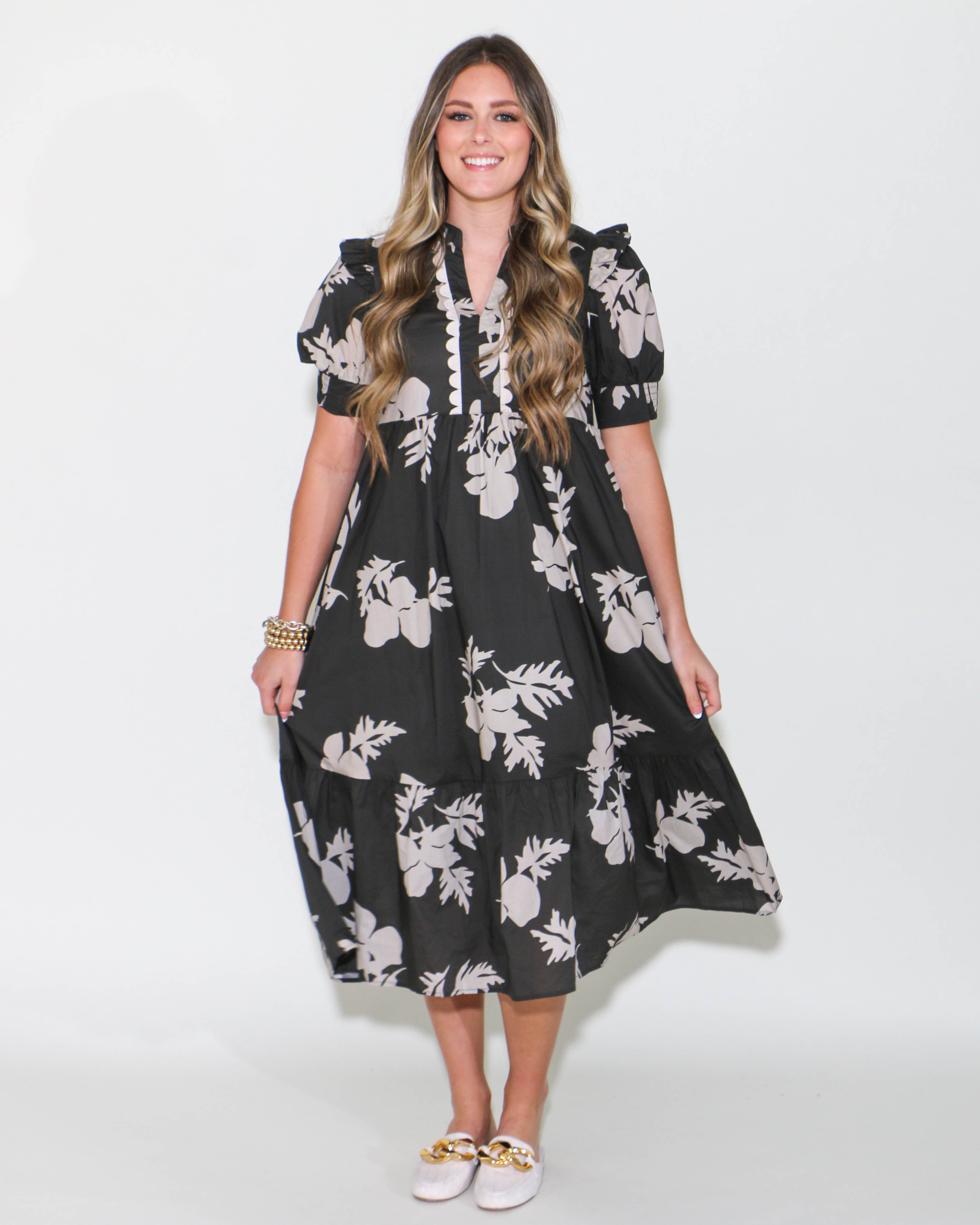 Charcoal Printed Short Sleeve Midi Dress