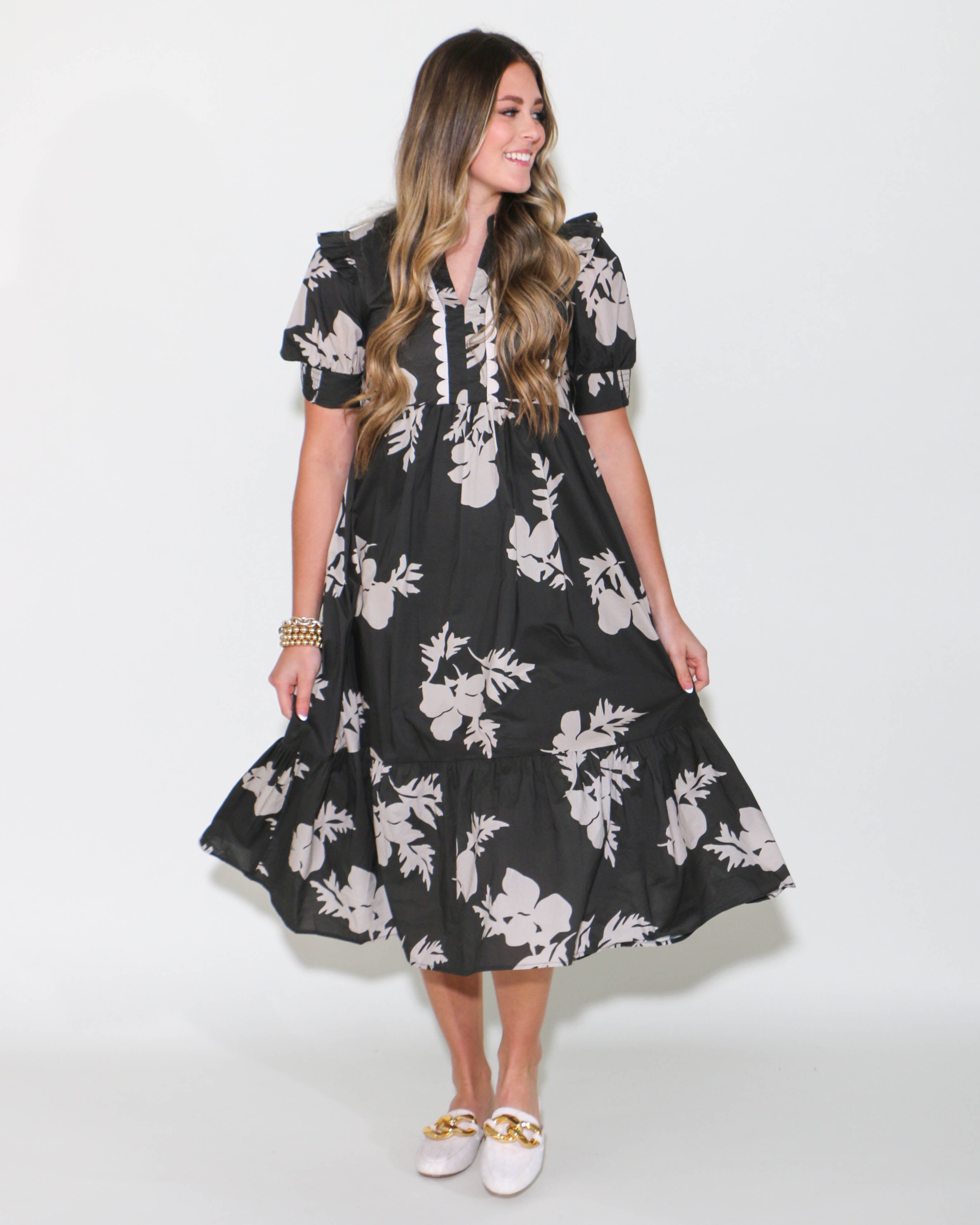 Charcoal Printed Short Sleeve Midi Dress