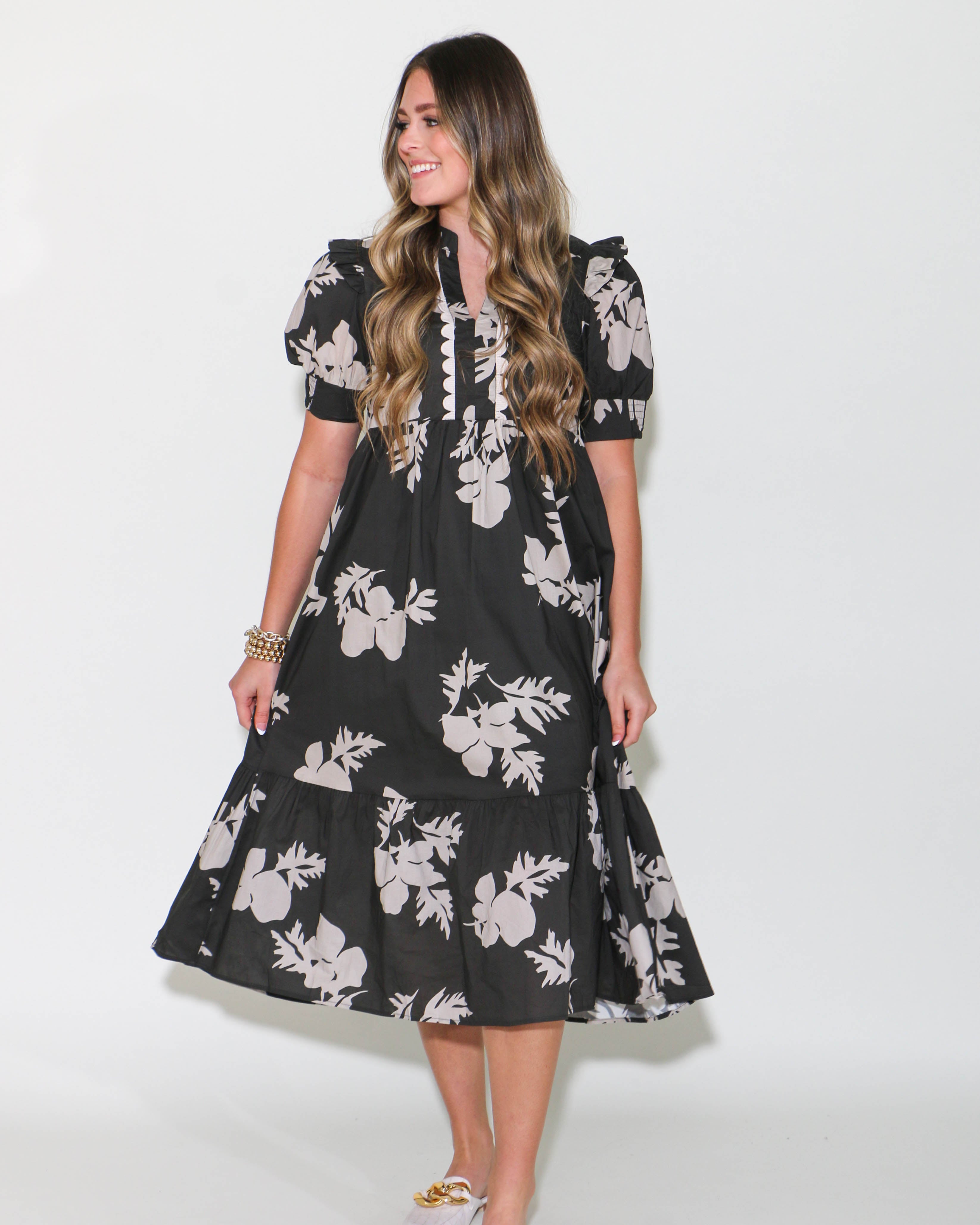 Charcoal Printed Short Sleeve Midi Dress