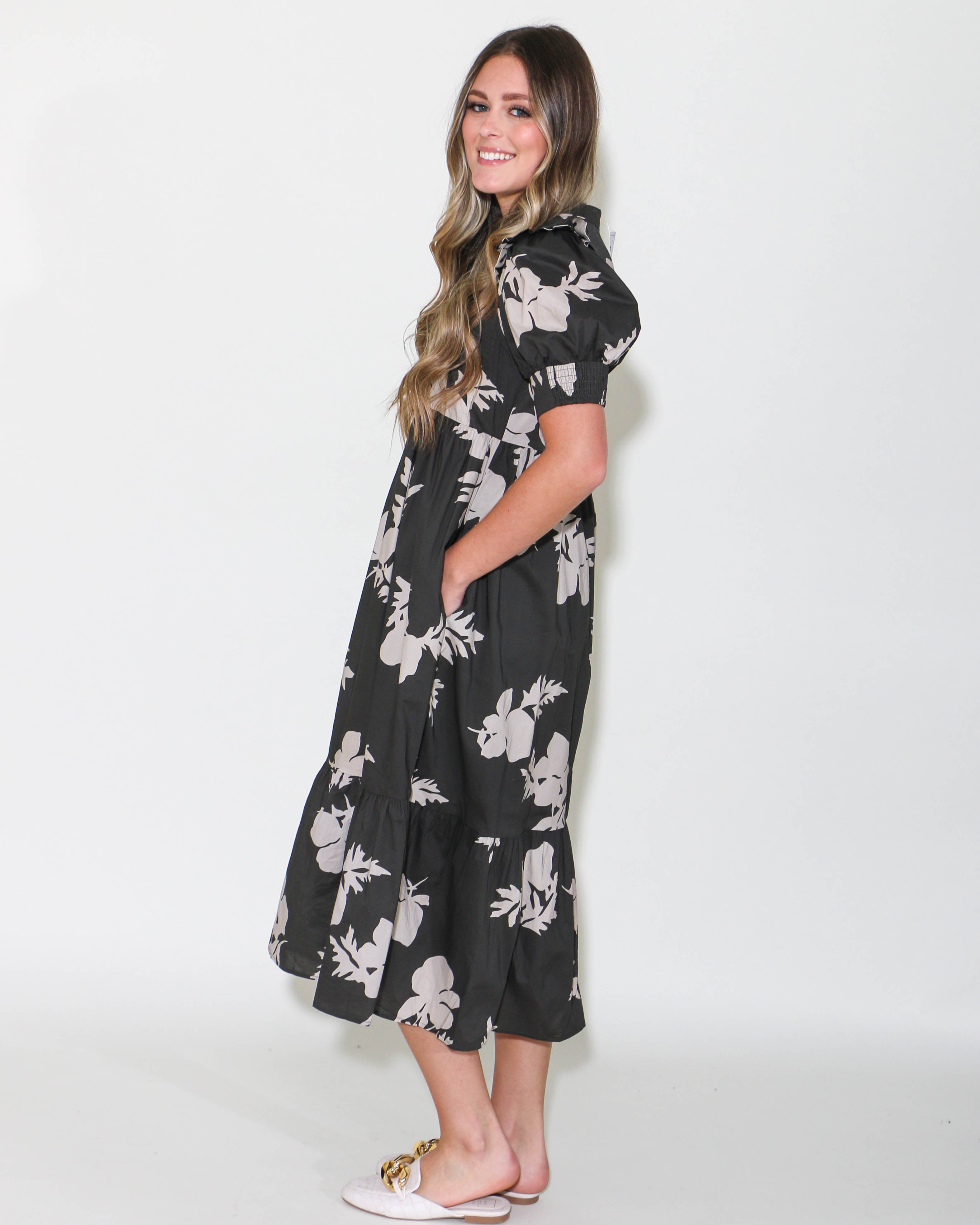 Charcoal Printed Short Sleeve Midi Dress