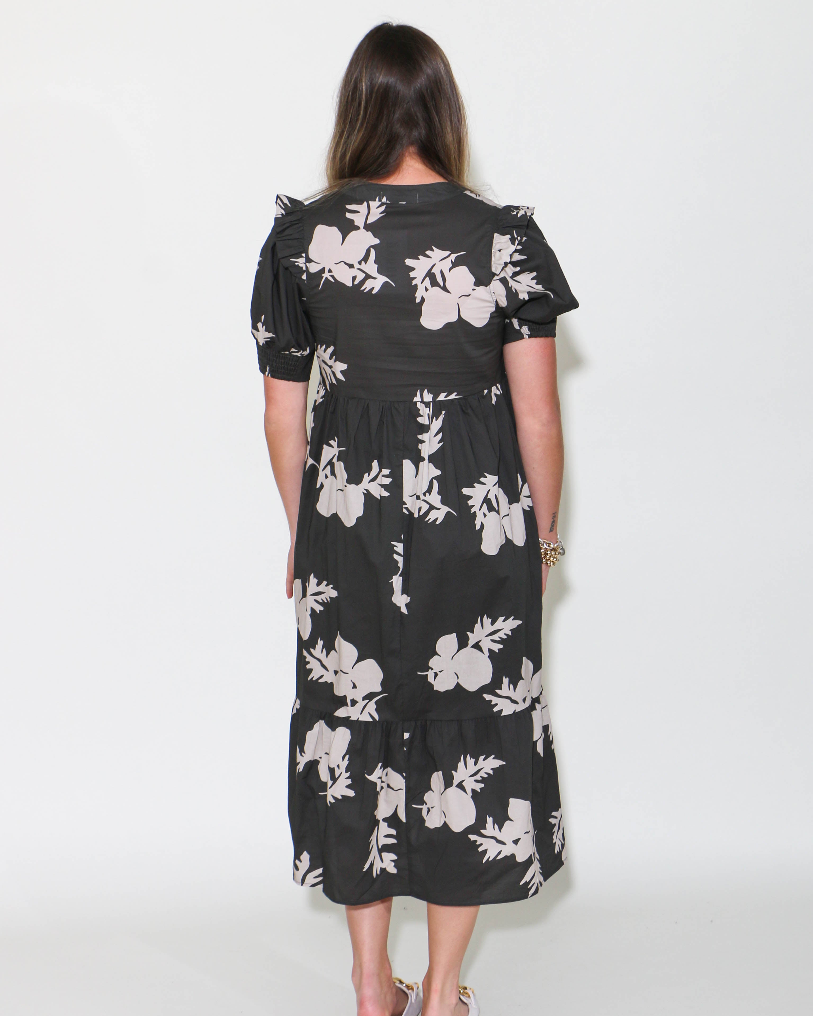 Charcoal Printed Short Sleeve Midi Dress