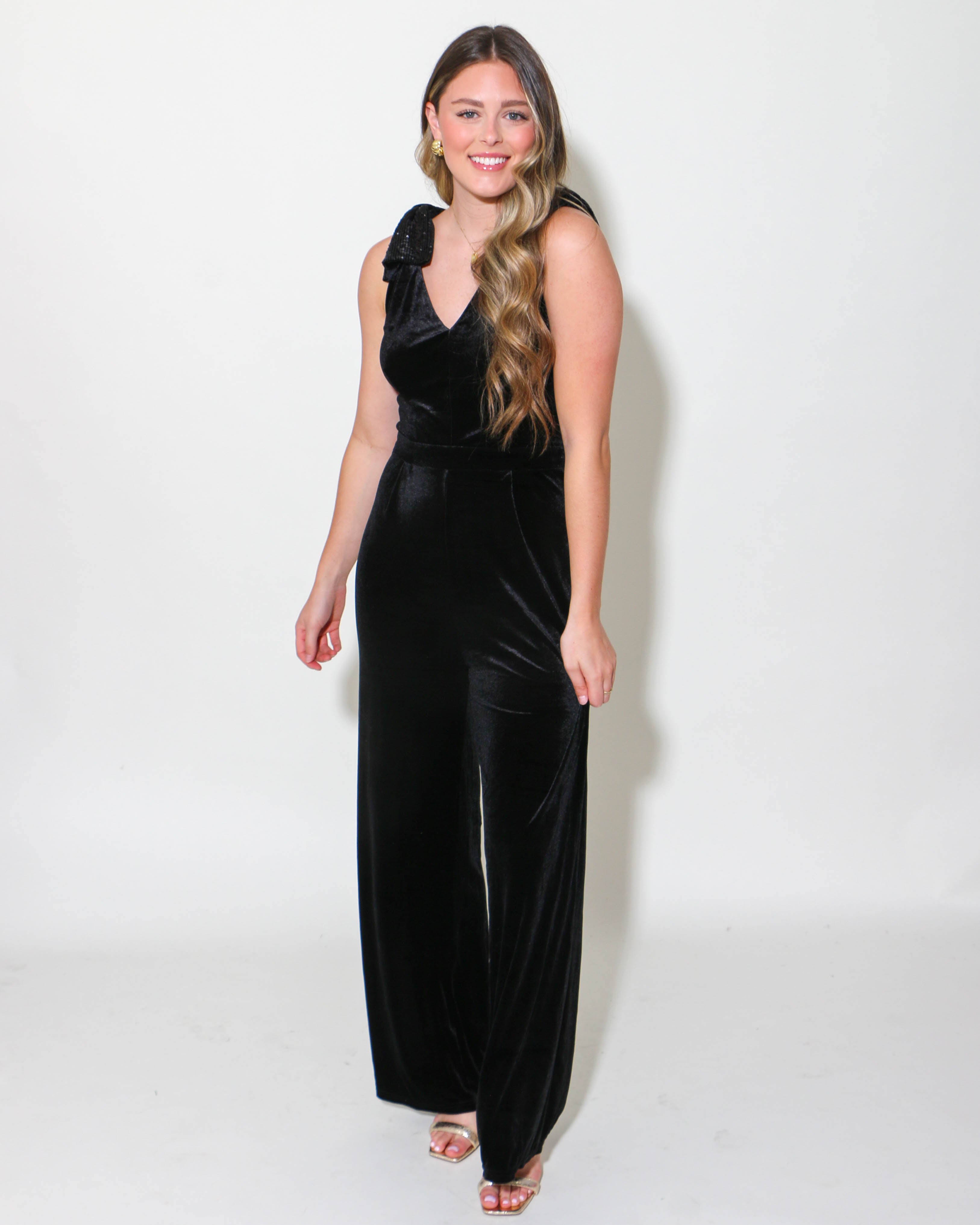 Sequined Bow Shoulder Velvet Jumpsuit