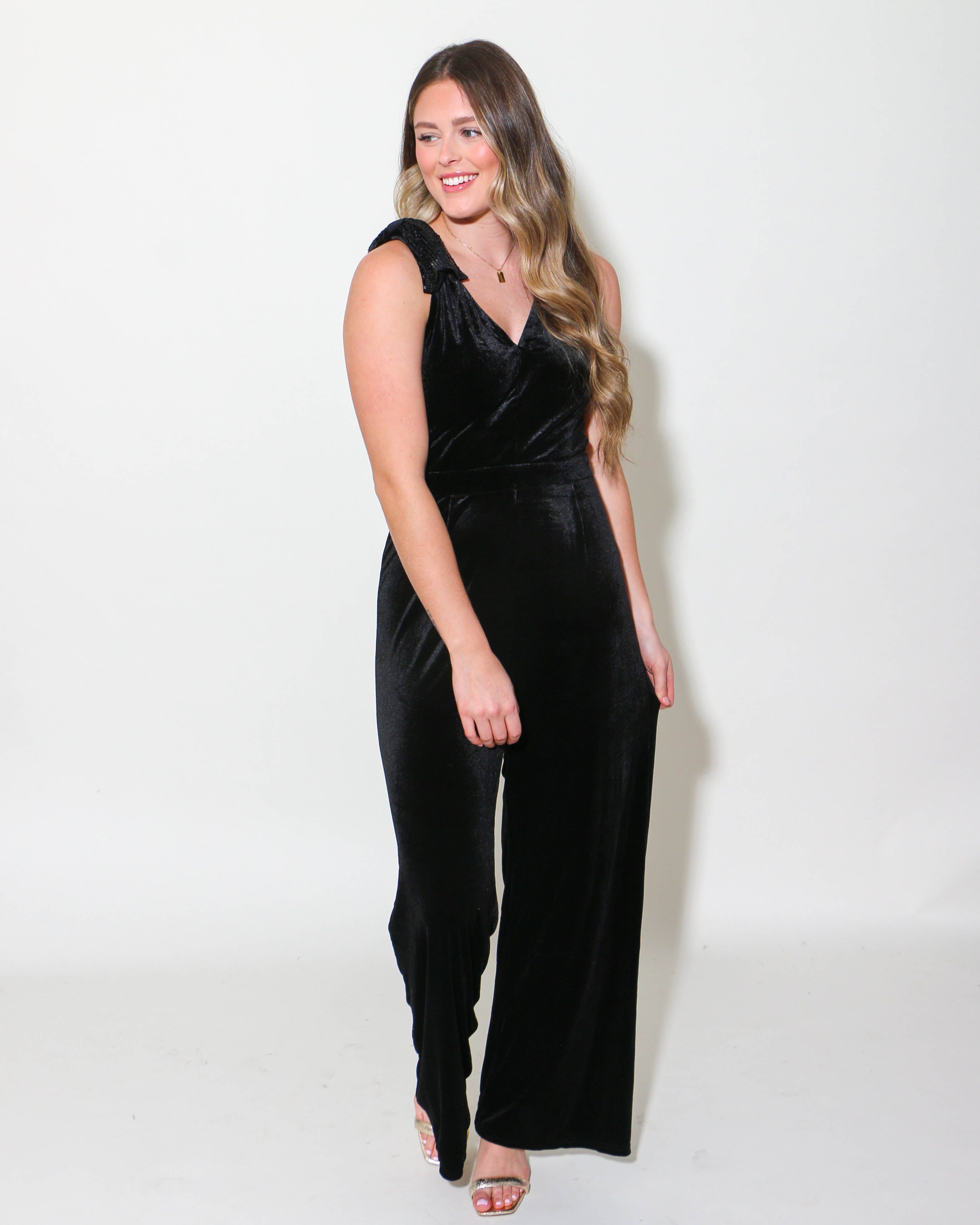 Sequined Bow Shoulder Velvet Jumpsuit