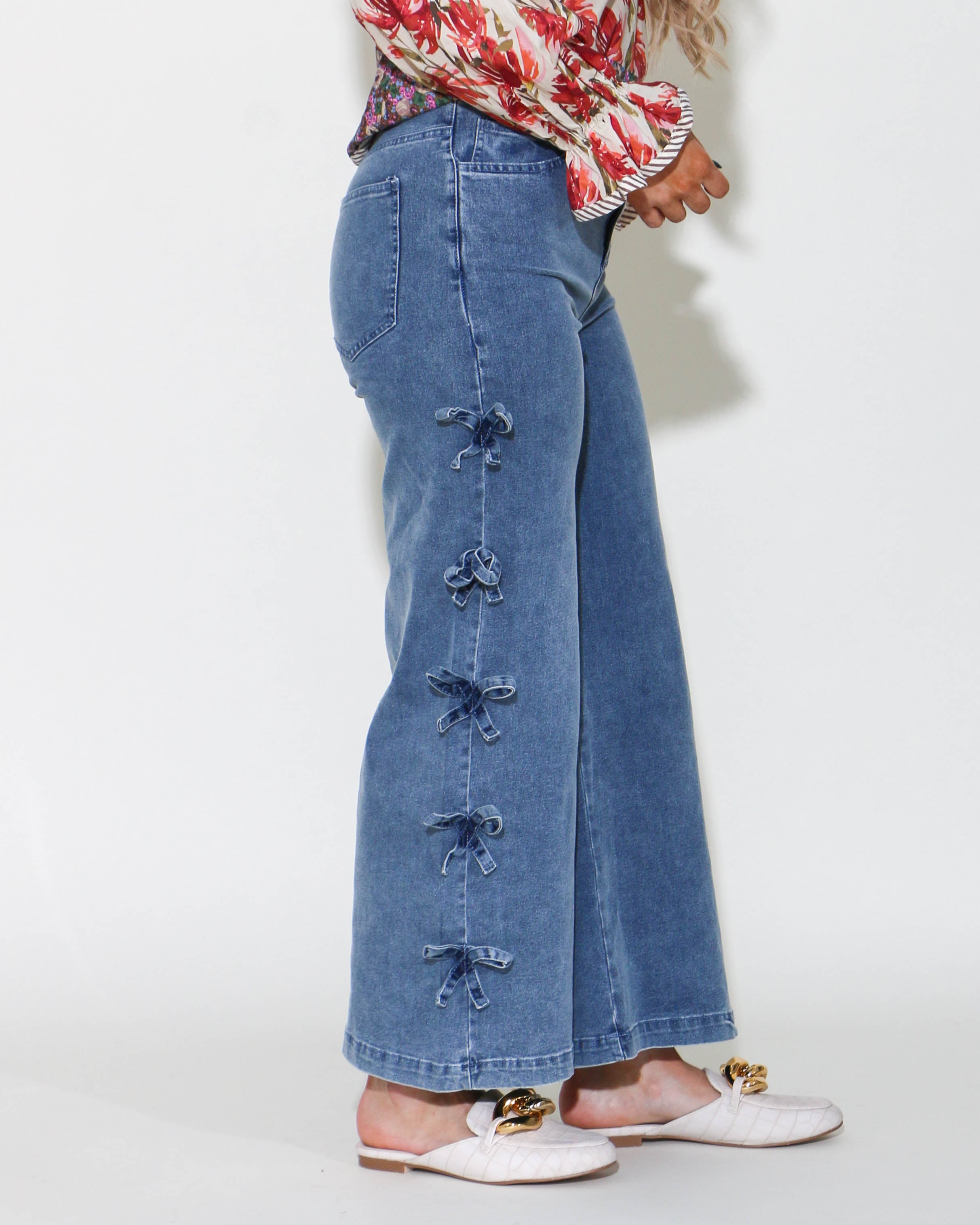 Mid-Rise Denim Bow Jeans