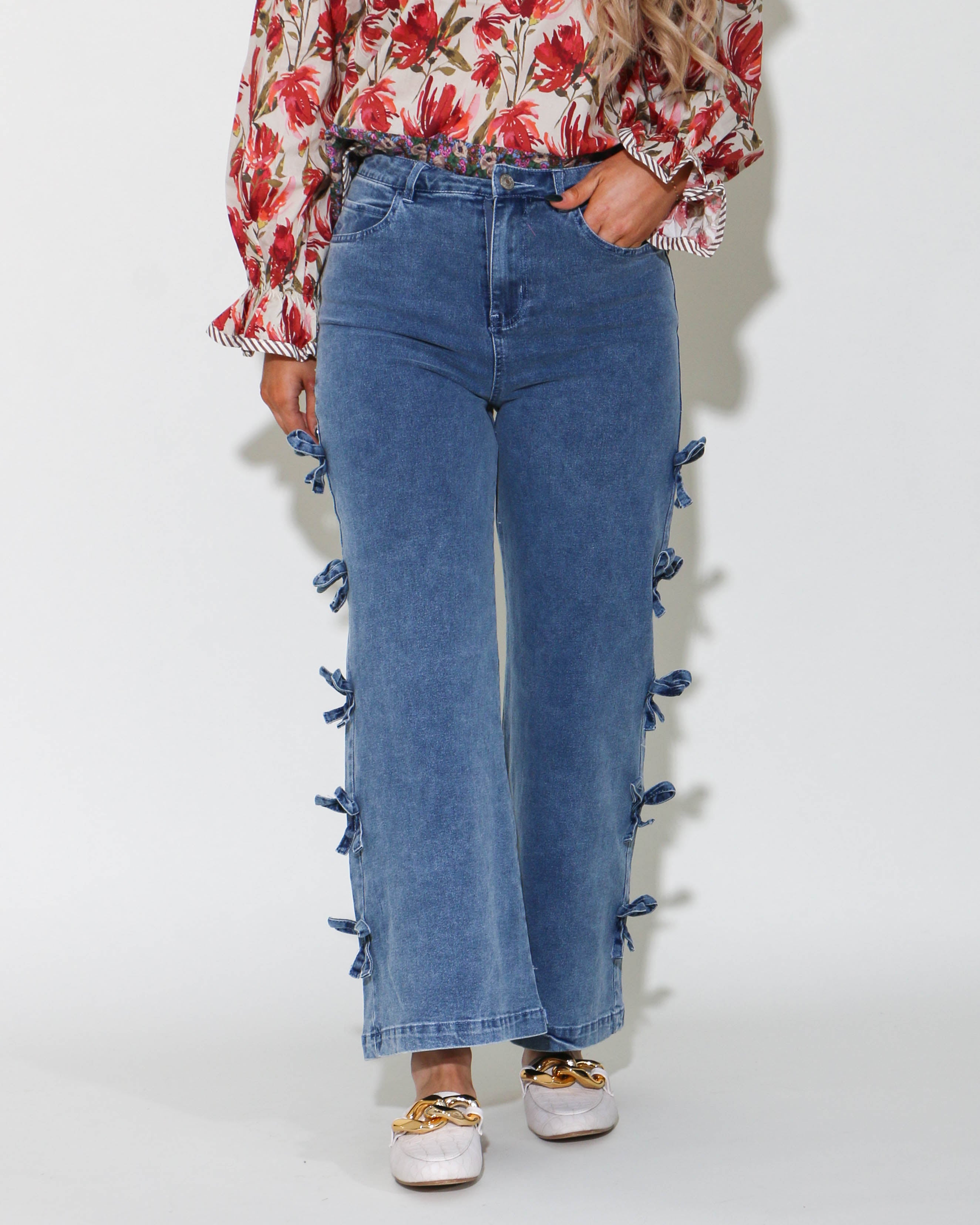 Mid-Rise Denim Bow Jeans