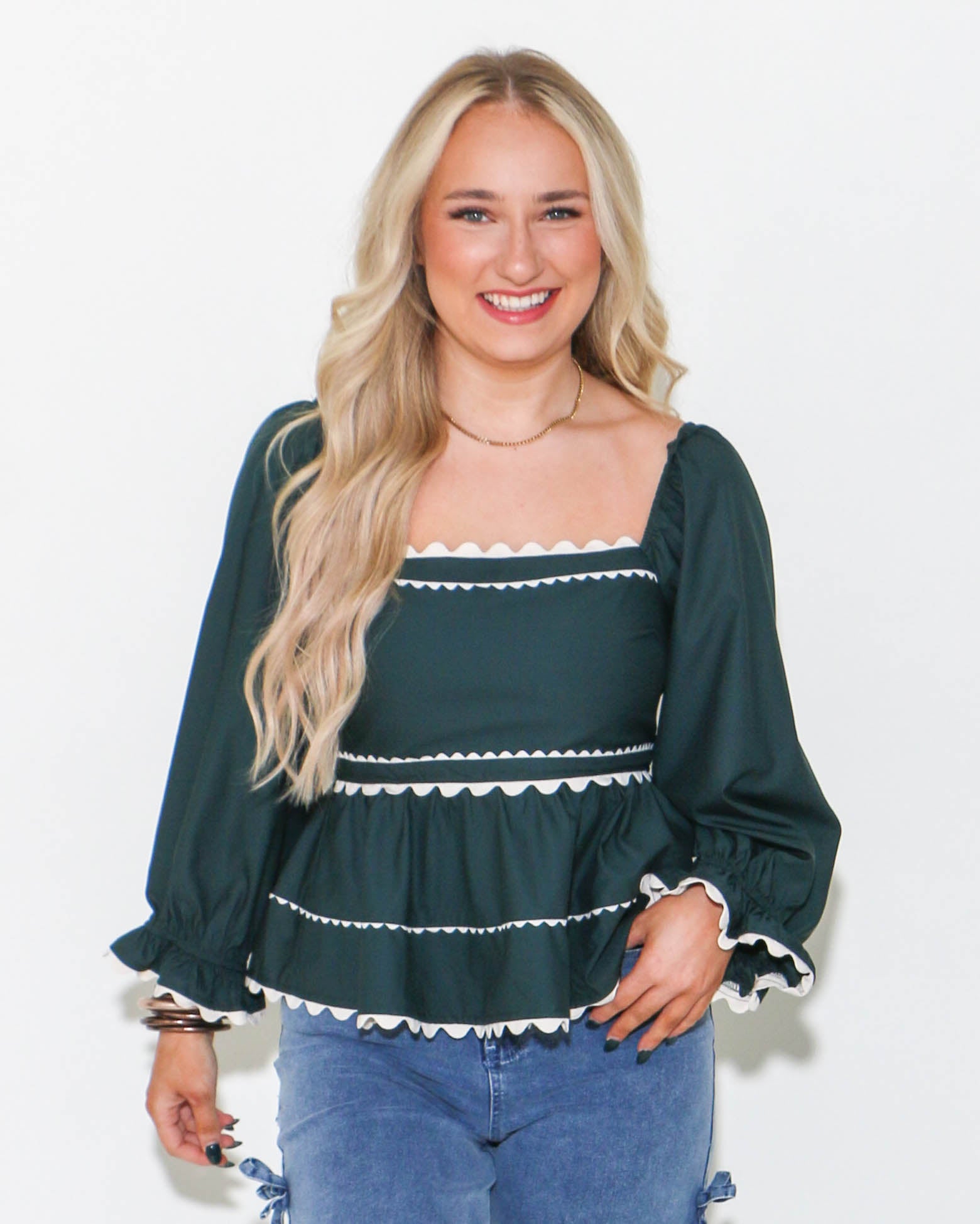 Green Babydoll Top With Ric Rac Trim