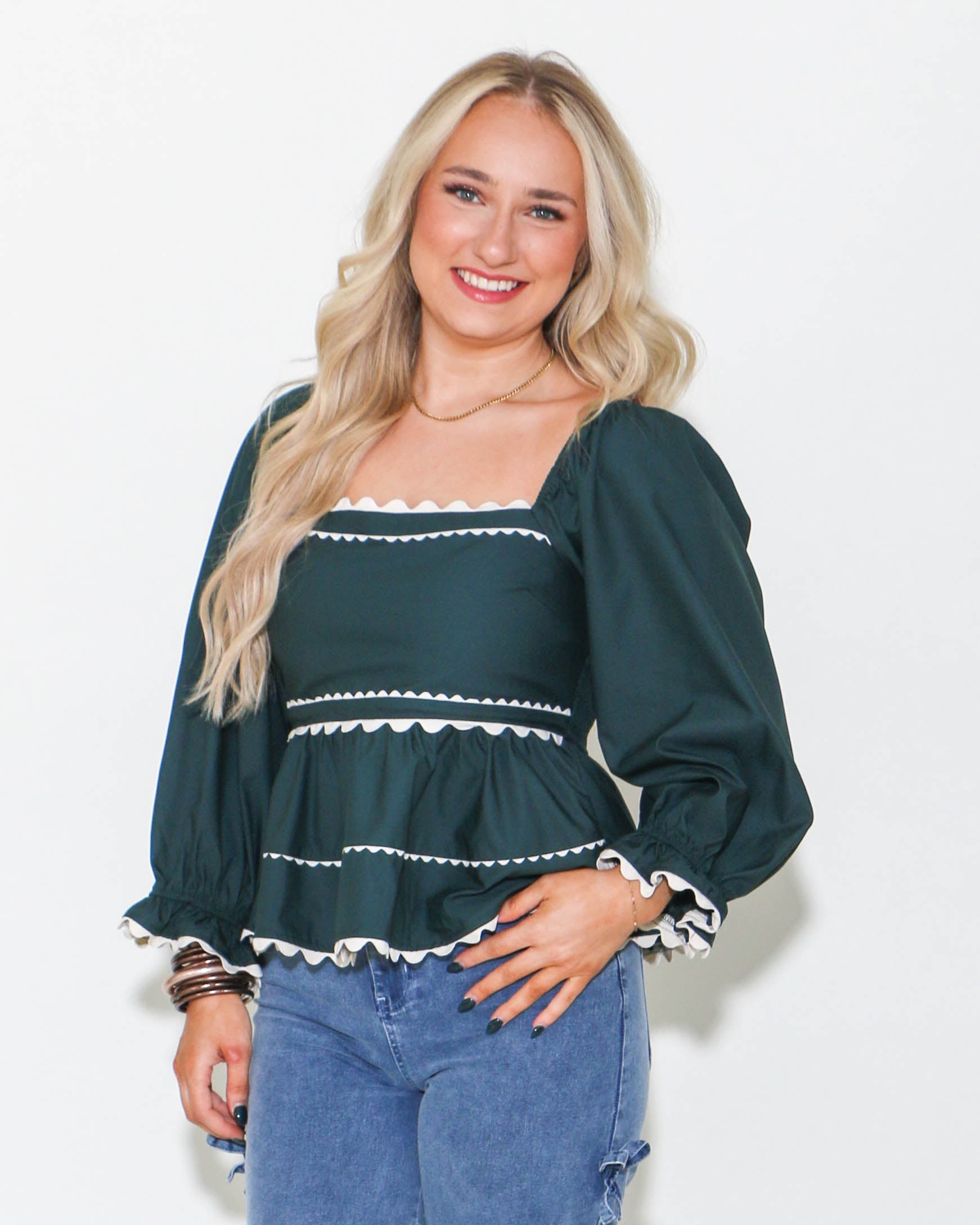 Green Babydoll Top With Ric Rac Trim