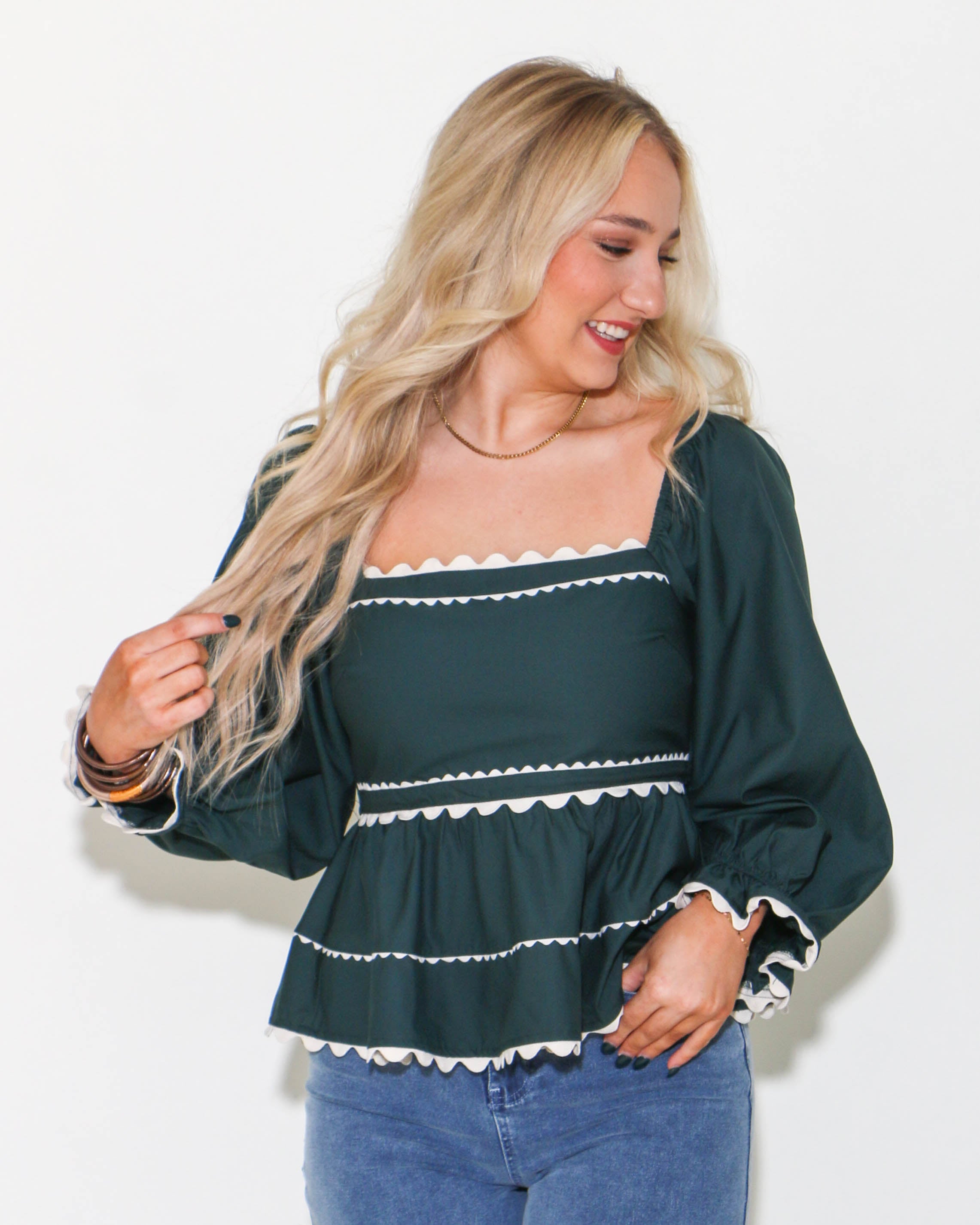 Green Babydoll Top With Ric Rac Trim