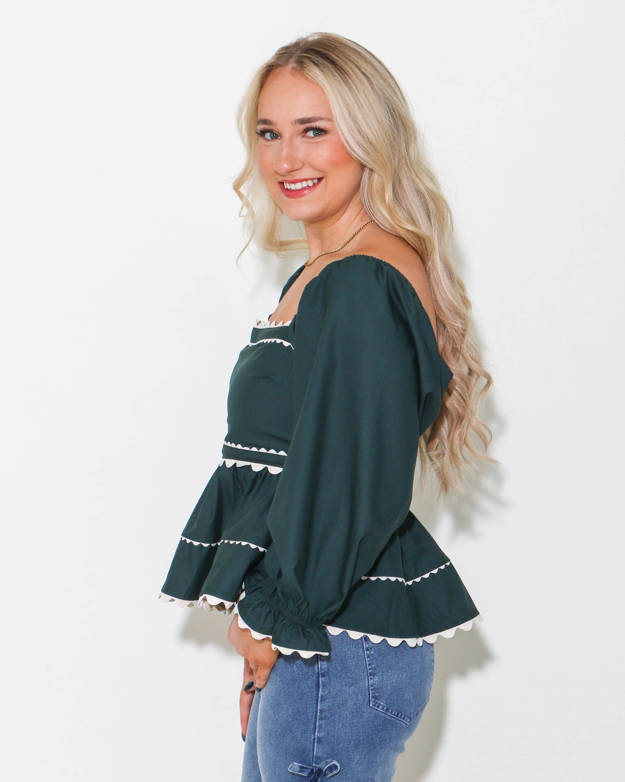 Green Babydoll Top With Ric Rac Trim