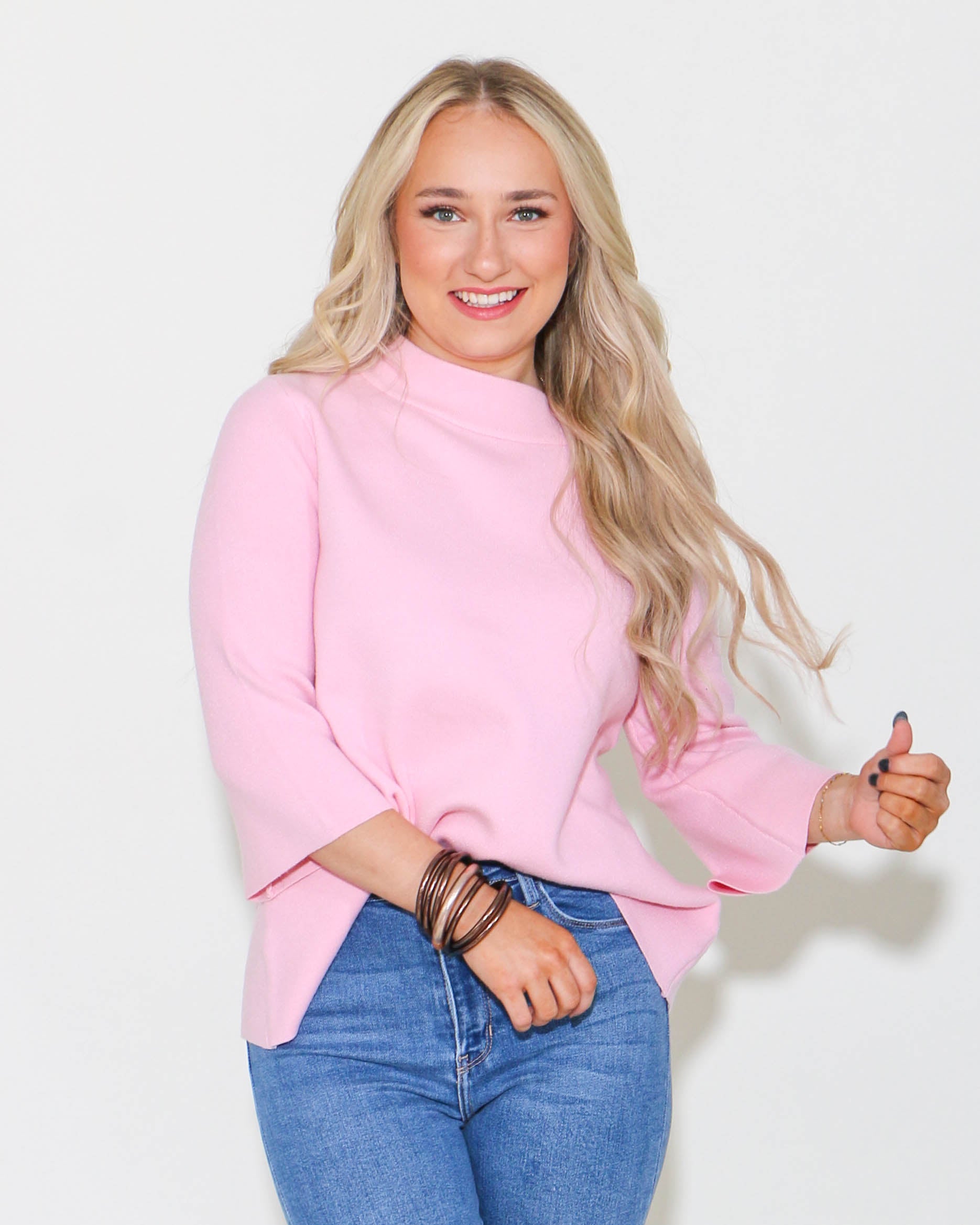 Mock Neck Pull Over Bell Sleeve Sweater in Baby Pink