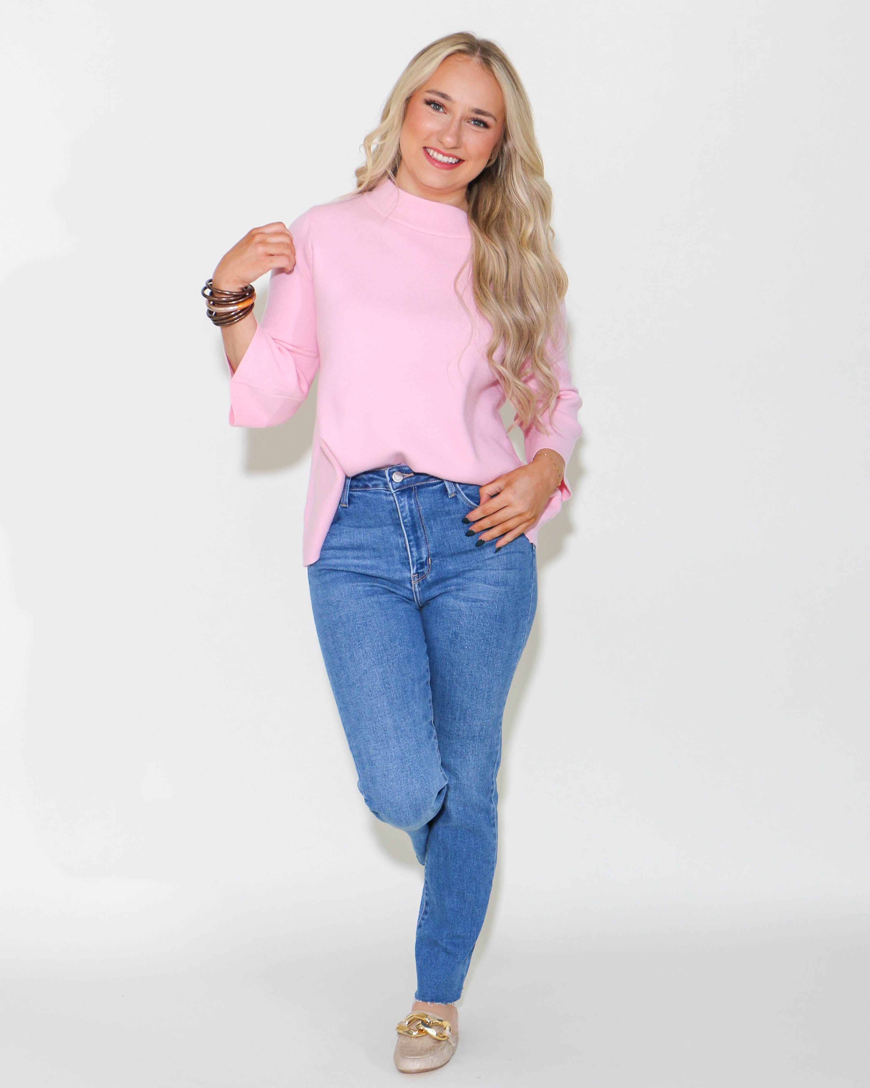 Mock Neck Pull Over Bell Sleeve Sweater in Baby Pink