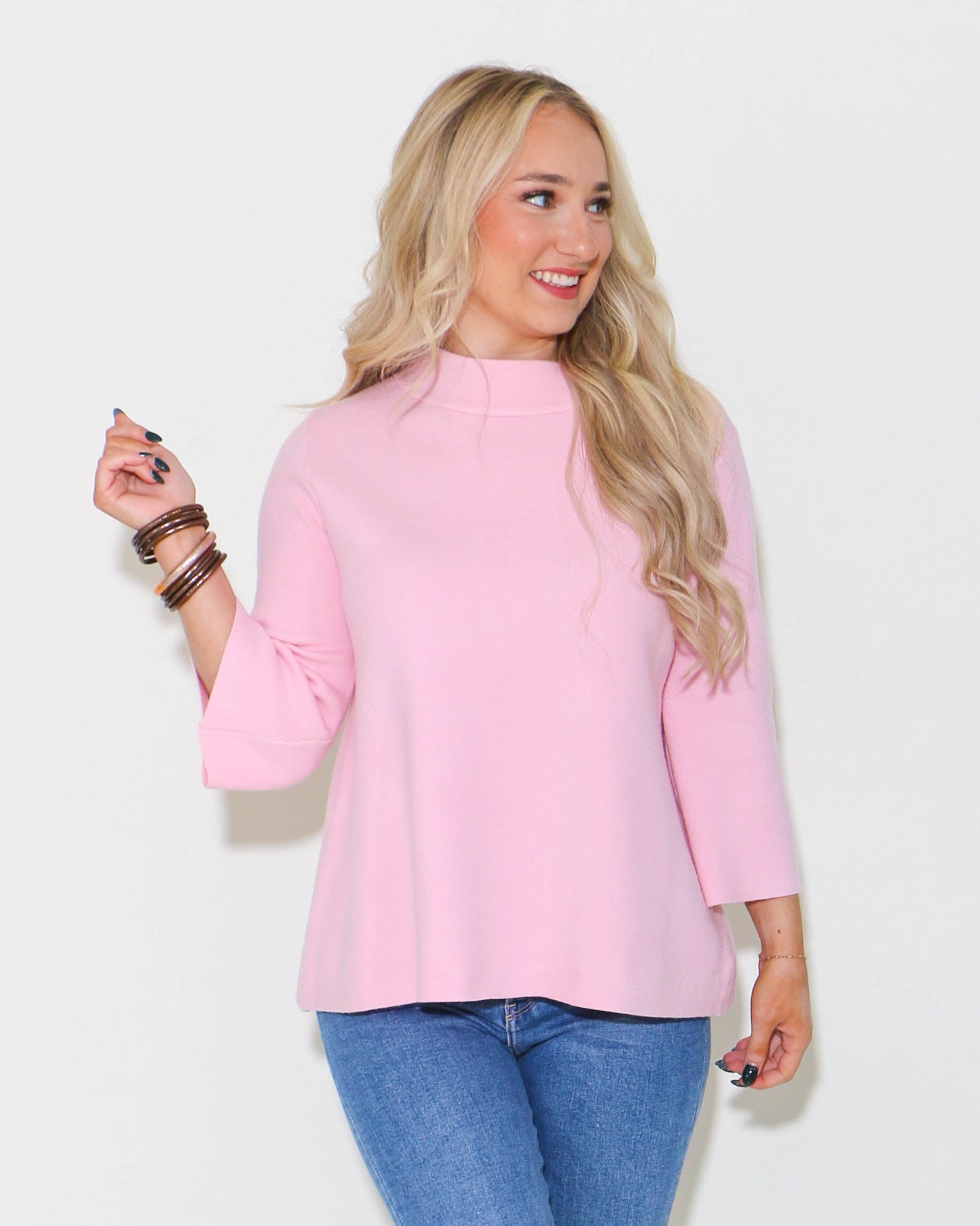 Mock Neck Pull Over Bell Sleeve Sweater in Baby Pink