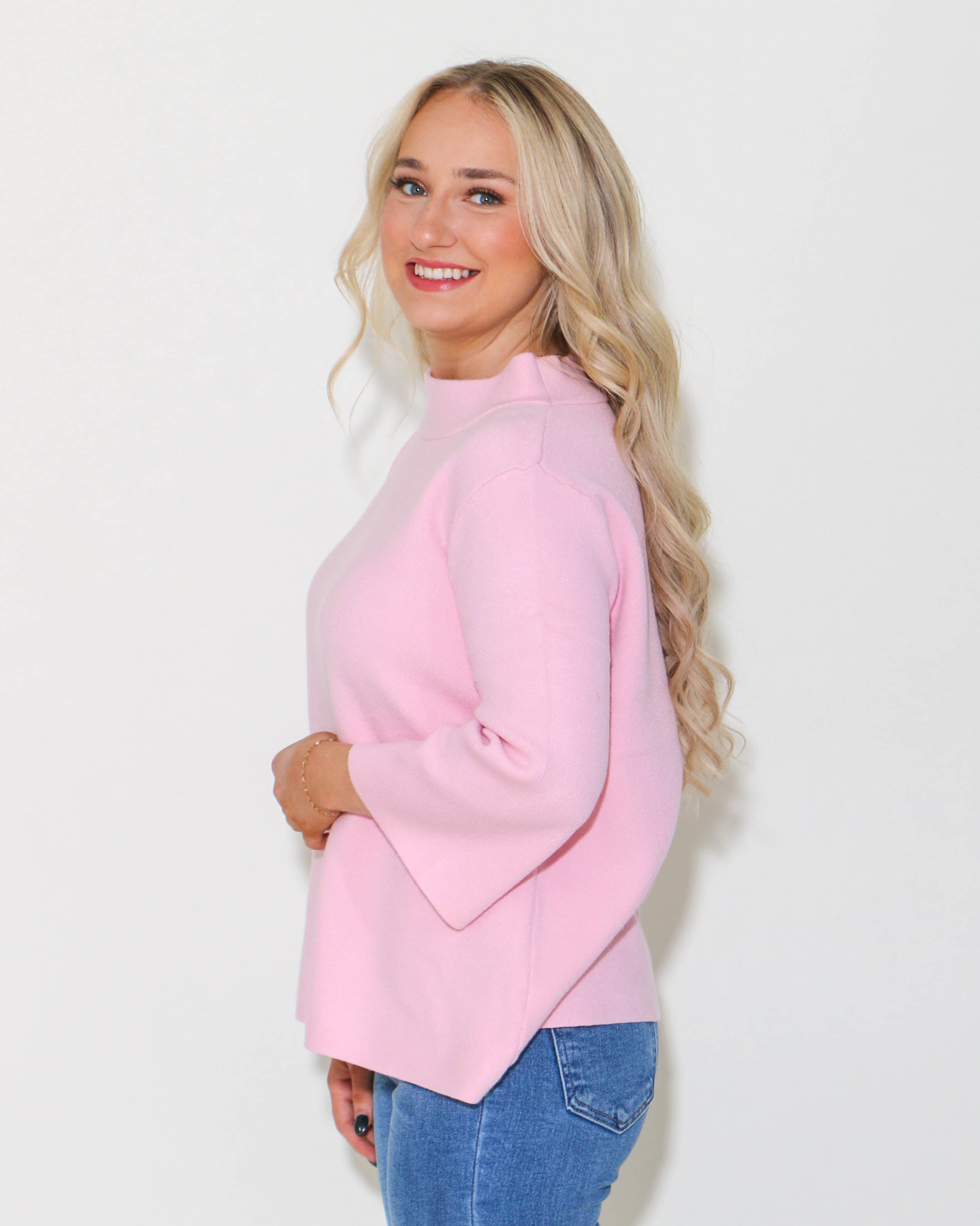 Mock Neck Pull Over Bell Sleeve Sweater in Baby Pink