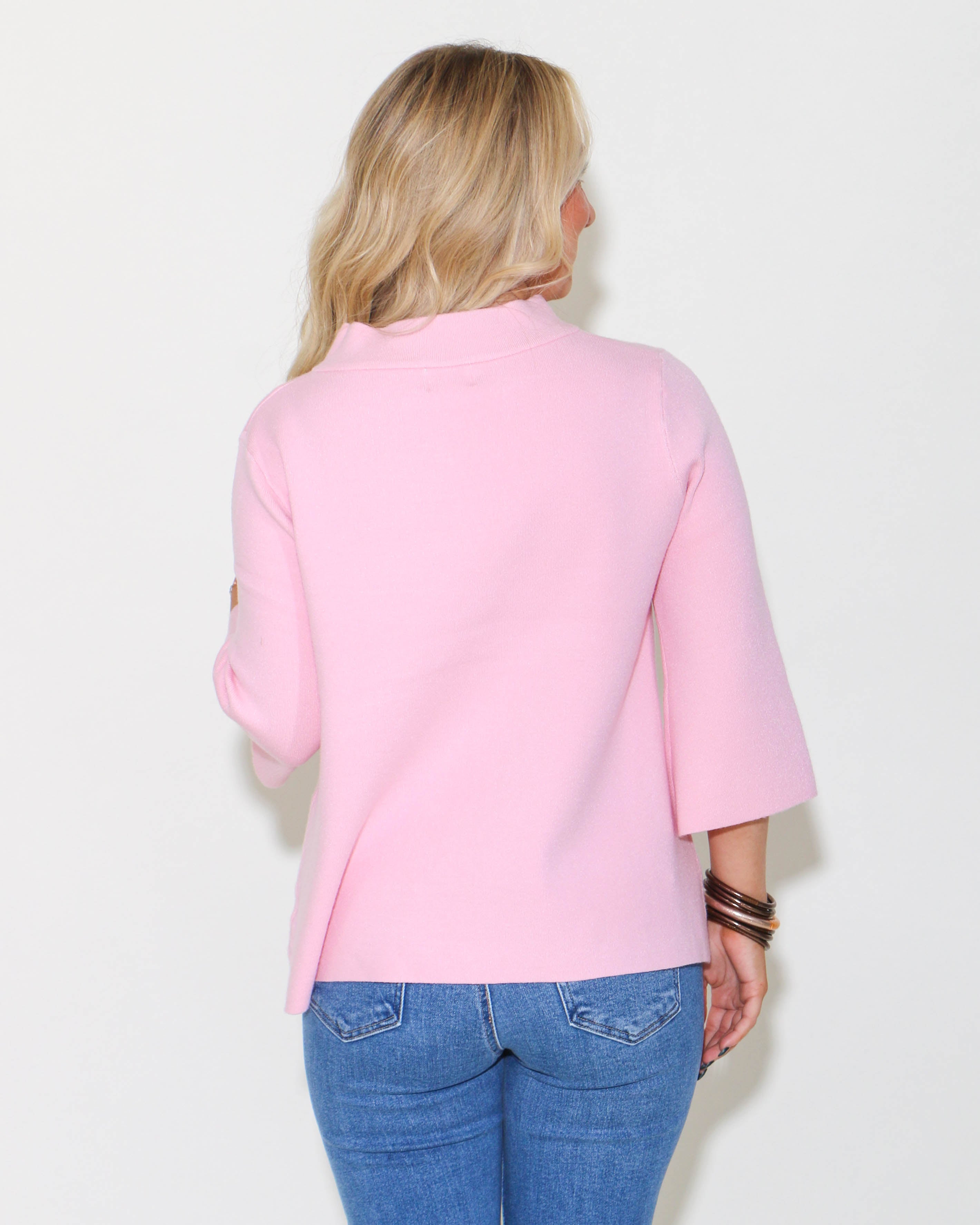 Mock Neck Pull Over Bell Sleeve Sweater in Baby Pink