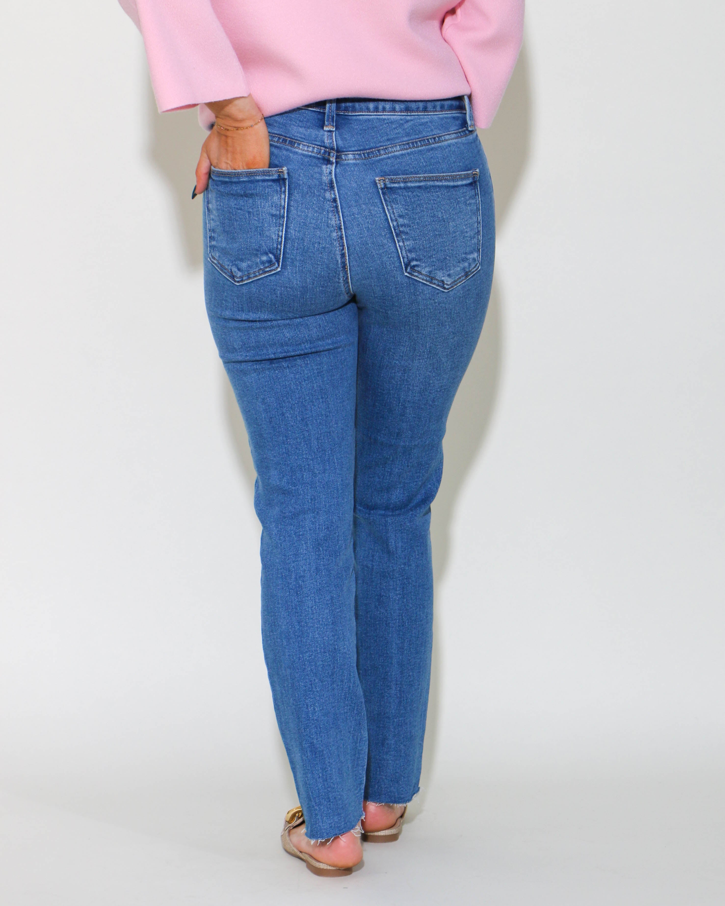 Medium Wash High Rise Slim Kick Flare