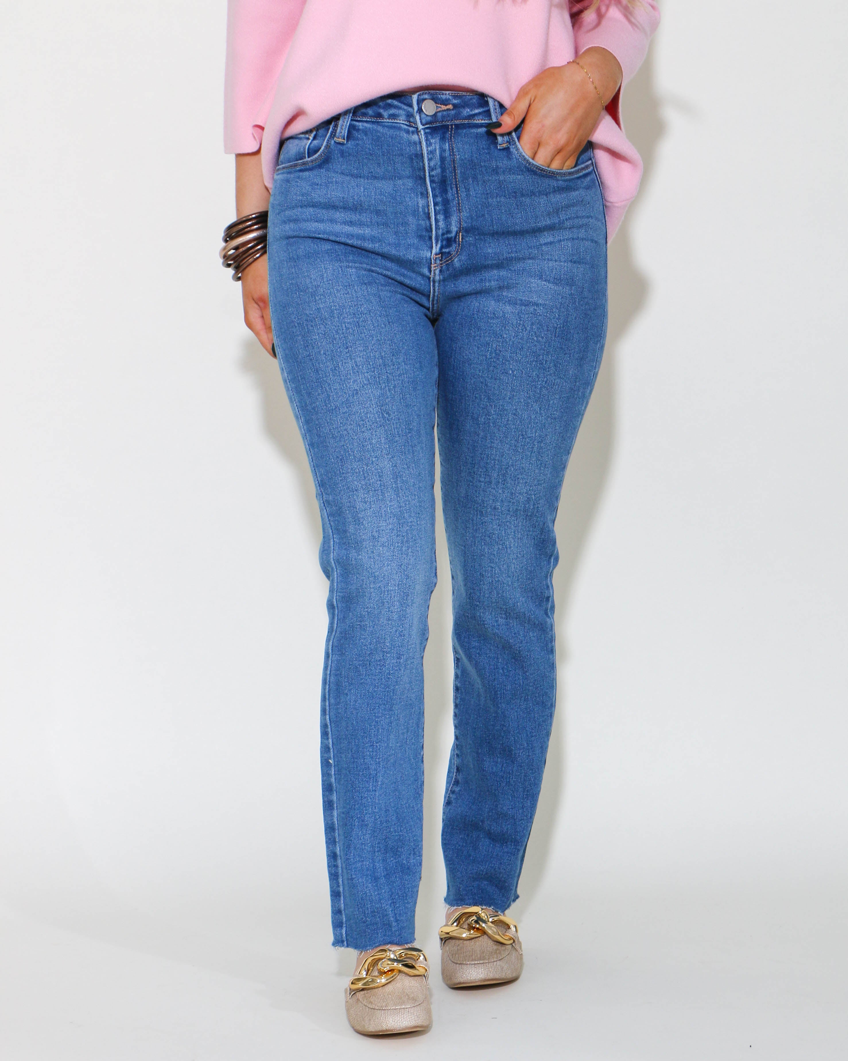 Medium Wash High Rise Slim Kick Flare