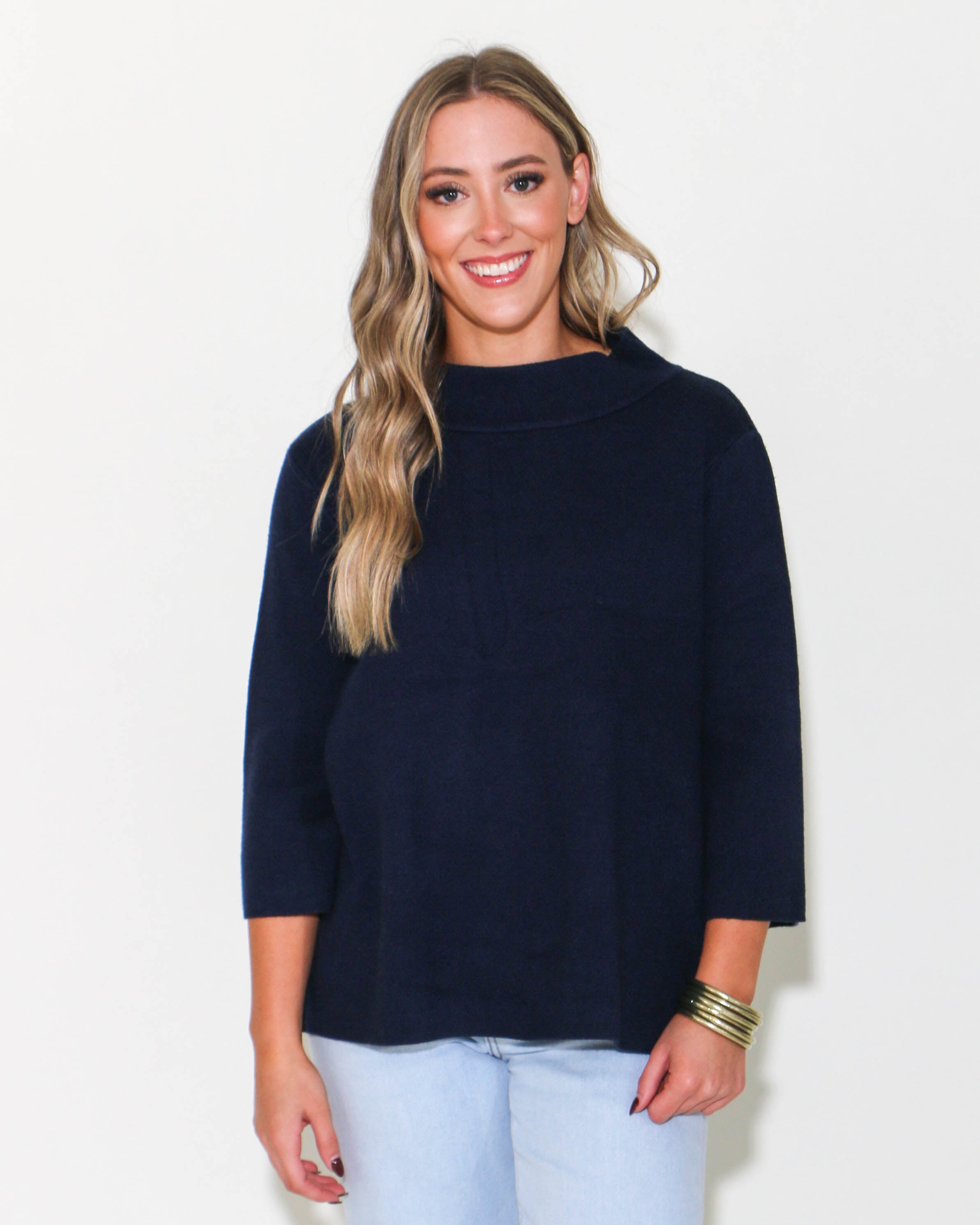 Mock Neck Pull Over Bell Sleeve Sweater Navy