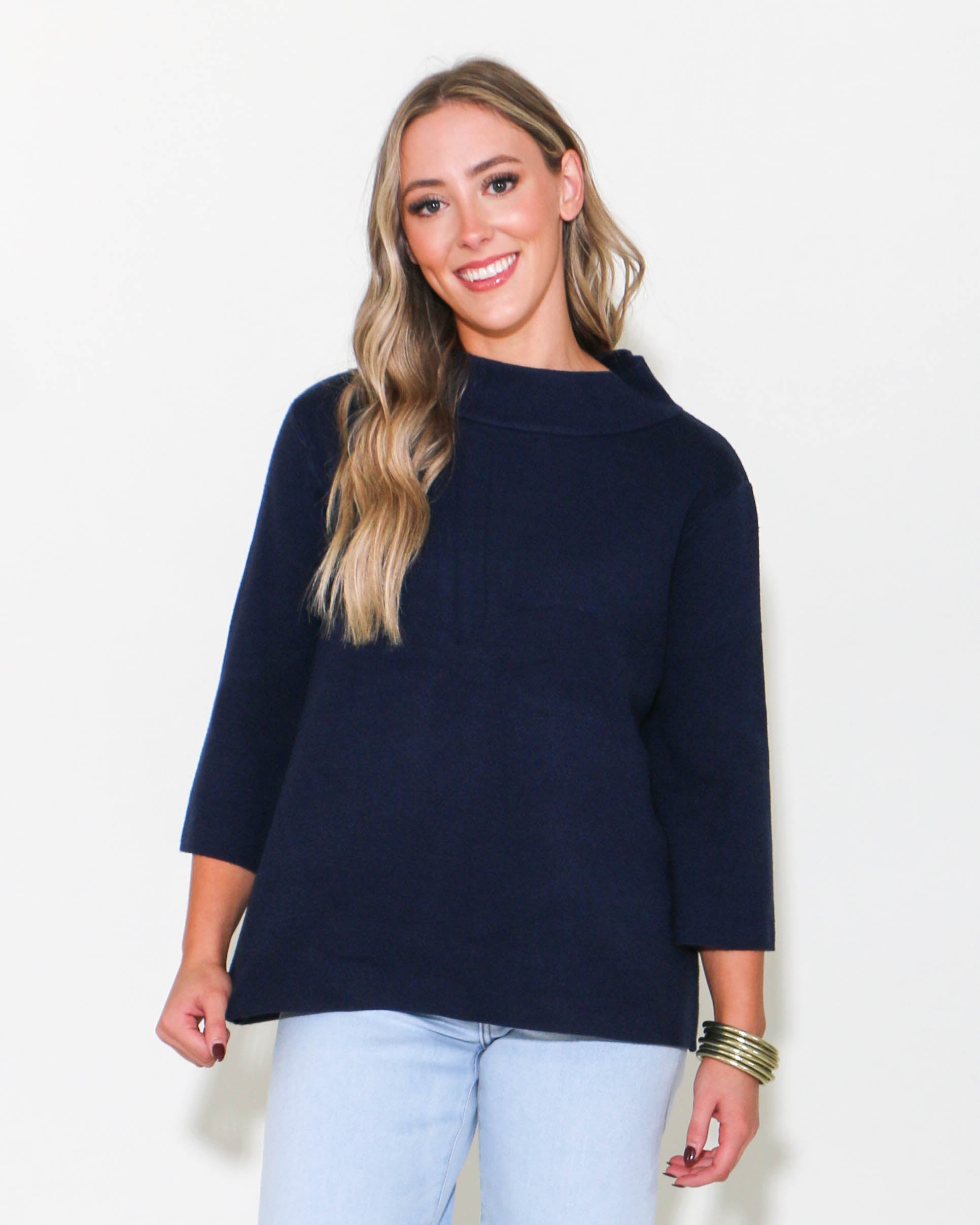 Mock Neck Pull Over Bell Sleeve Sweater Navy