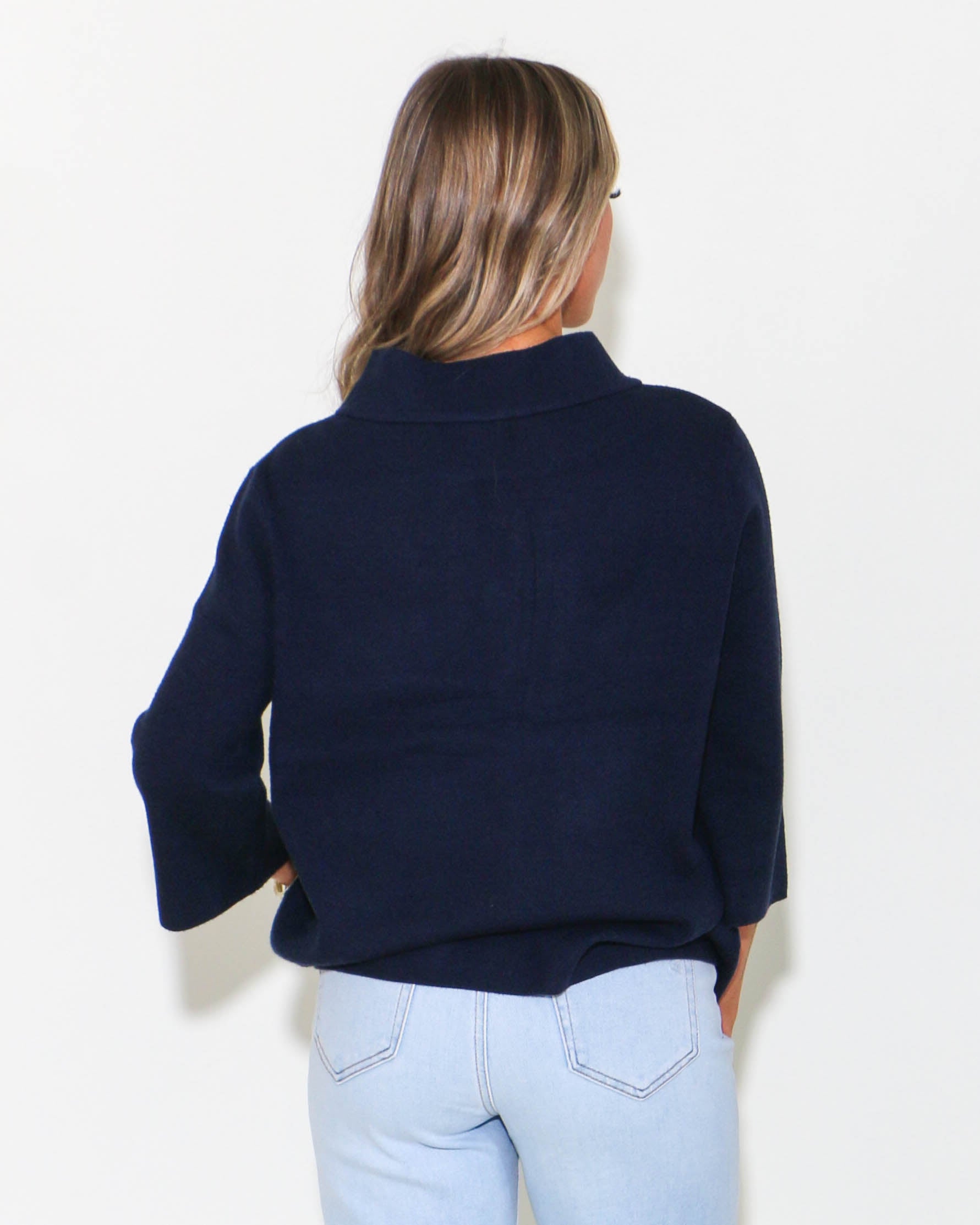 Mock Neck Pull Over Bell Sleeve Sweater Navy