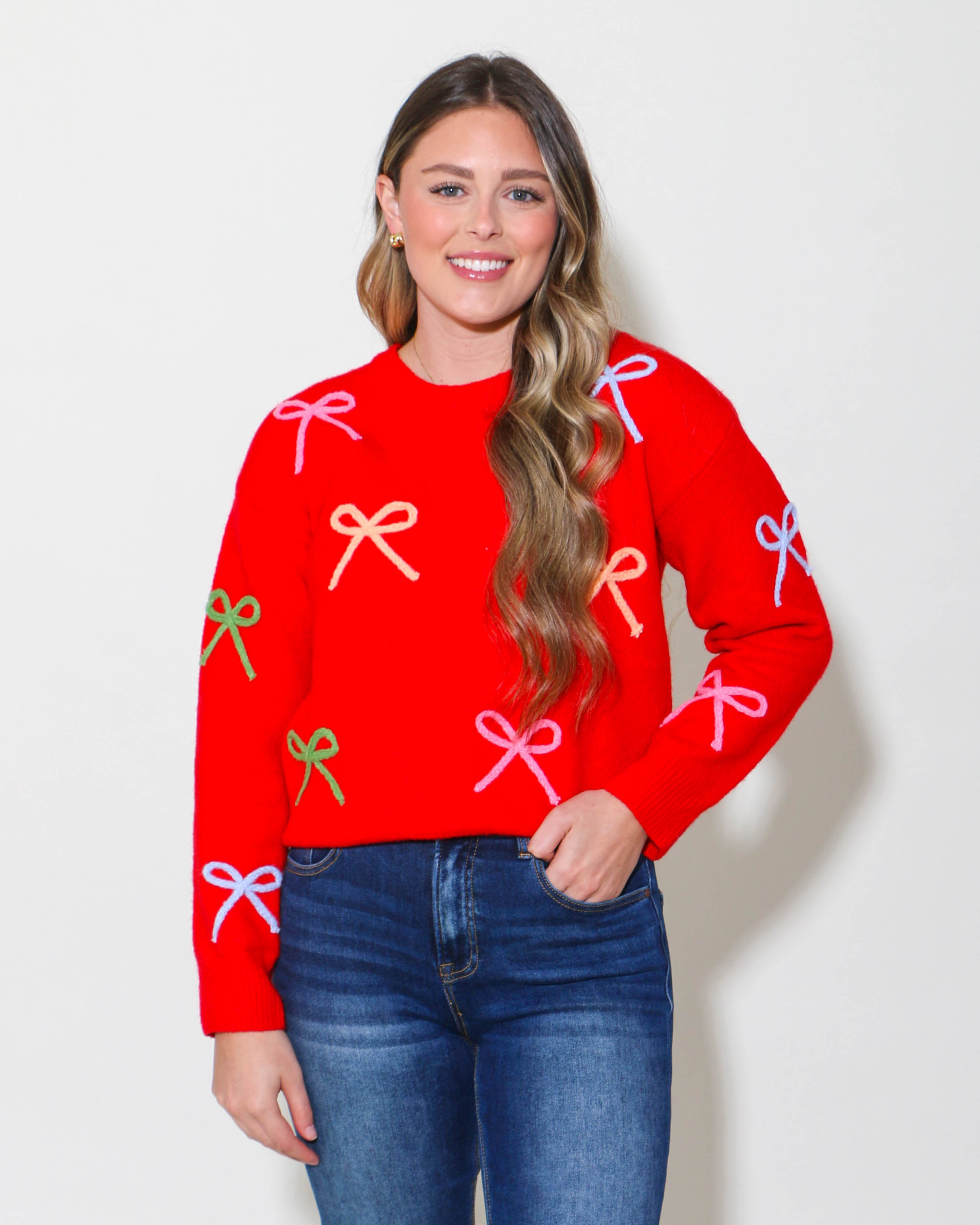 Multi Color Red Bow Knit Sweater