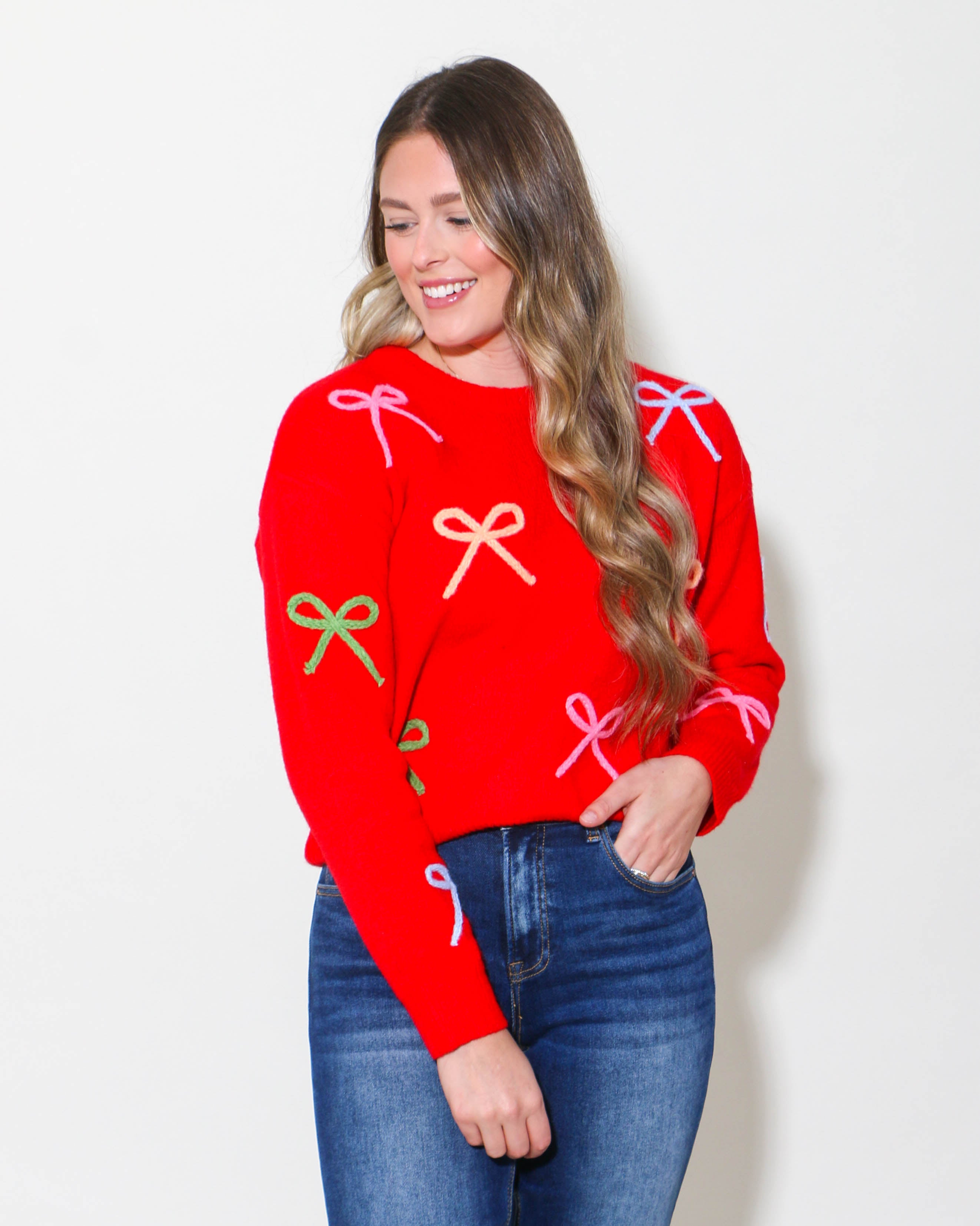 Multi Color Red Bow Knit Sweater